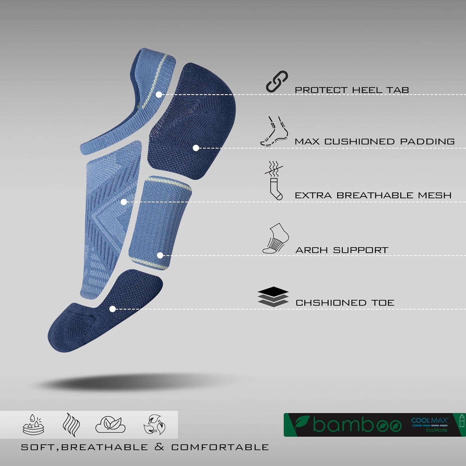 BRISIRA Bamboo Viscose Compression No Show Socks Men Athletic Running Extra Cushion Moisture Wicking No Blister Sport Low Cut - Image 3