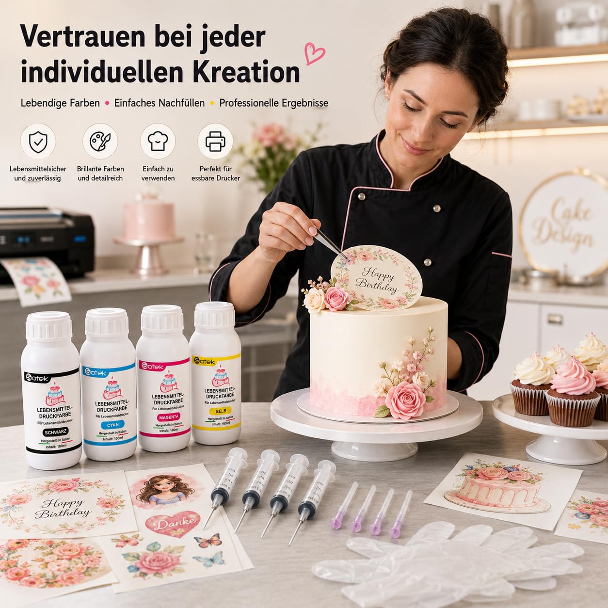 Sotek Lebensmitteltinte Essbare Drucker Tinte 4 Farben Set 100ml pro Flasche für alle Nachfüllbare Drucker