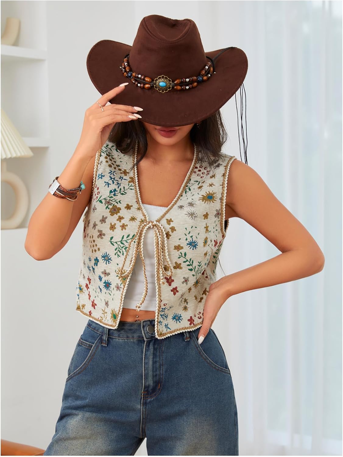 Verdusa Women's Boho Tie Front Jacquard Cowgirl Vest Waistcoat Sleeveless Jacket - Image 4