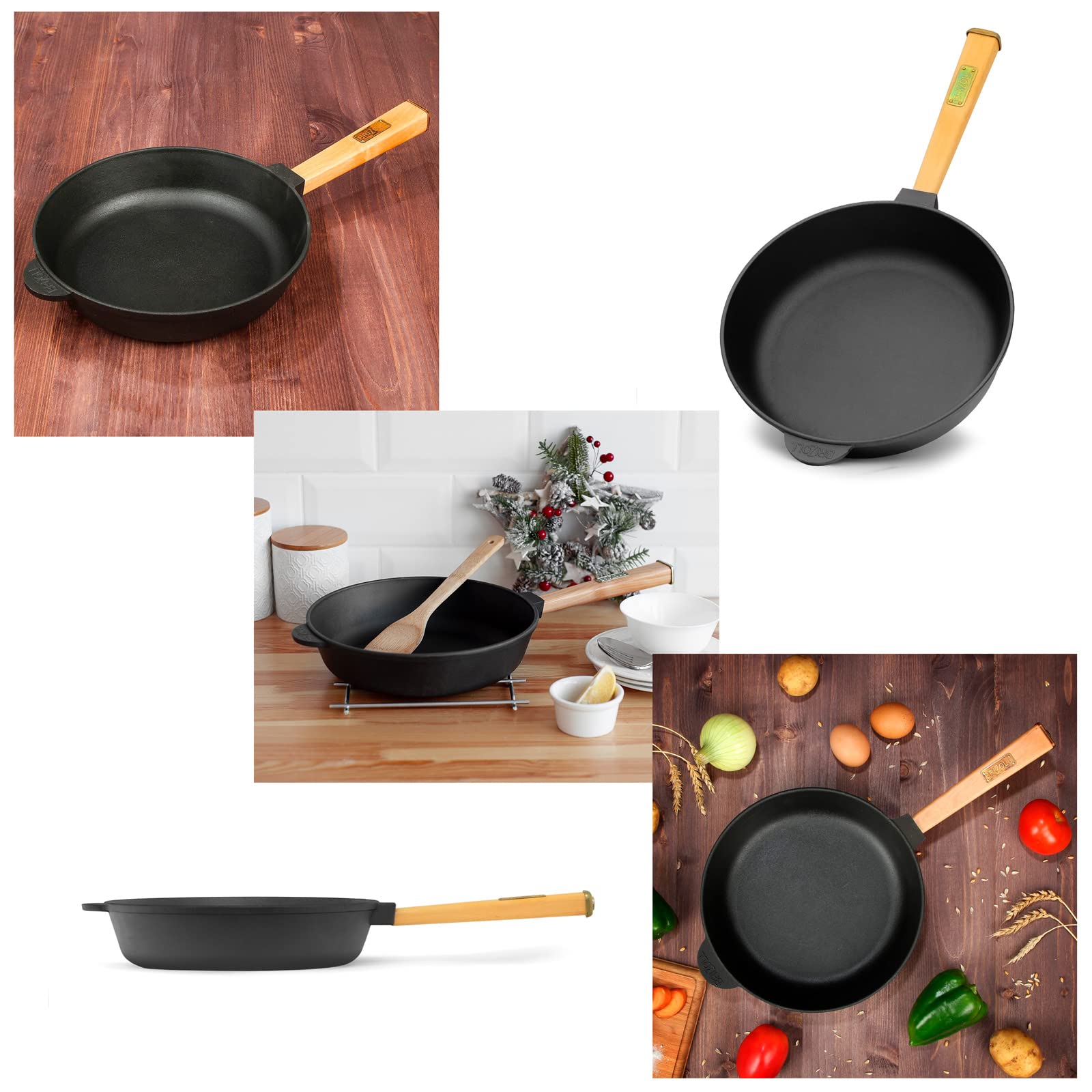4BIG.fun Sartén de Hierro Fundido para Freír 24 cm 62 mm de alto - Sartén con mango de madera - Sartén apta para barbacoa de gas, horno, fogones y