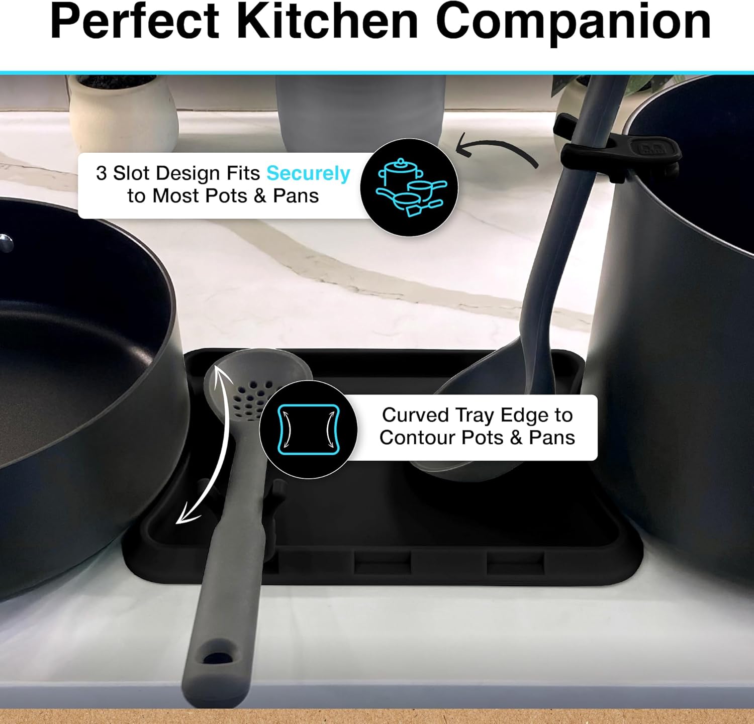 Nottadrip Silicone Spoon Rest for Stove Top - Kitchen Spoon Rest for Countertop, Ladle Holder, All in 1 Serving Station, Elevate Handles, Drip to Tray, Mess Free - 3PC Set No Trivet - Black