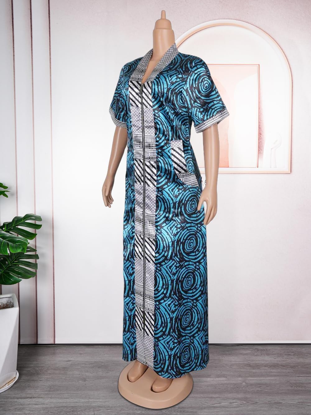 HD African Blue Print Boubou Dress for Woman Front Slit Zip Kaftan Casual Gown Short Sleeves 3XL - Image 5