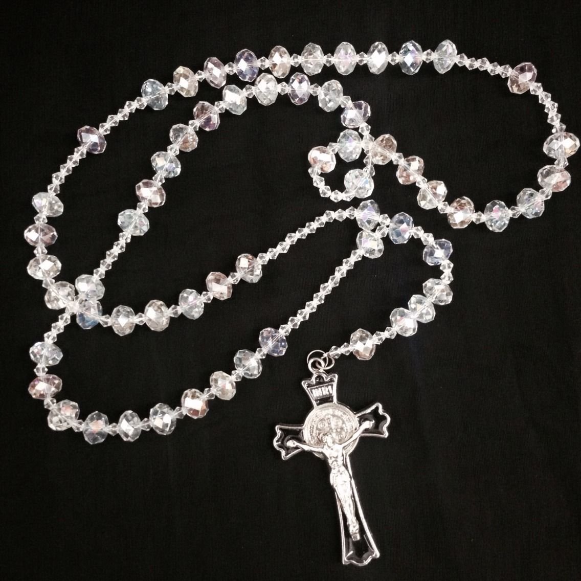 Large White/Clear Crystal Beads Rosary Necklace Chain 20 Inches for Wedding/Baptism/Religious Favor 8mm X 12mm Beads /