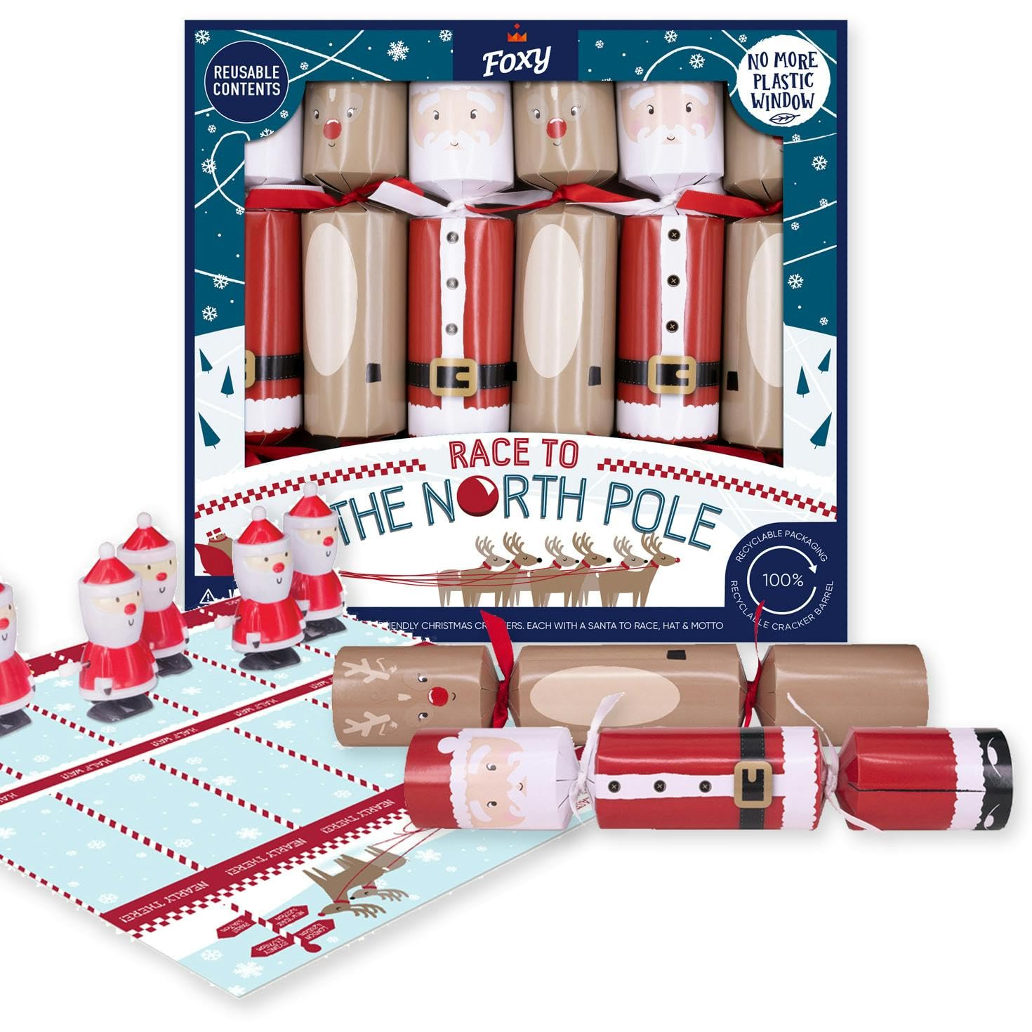 Celebration Crackers Santa's Foxy Race To The North Pole - 6 X 12 Inch Fun Christmas Crackers Game With Santa & Reindeer Racetrack Racing - Fsc Mix