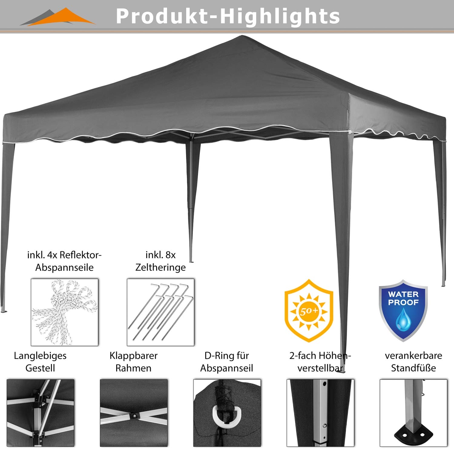 INSTENT Pavillon 3 x 3 m Basic wasserdicht UV Schutz 50+, 2 Seitenteile, Farbwahl, Dunkel-Grau