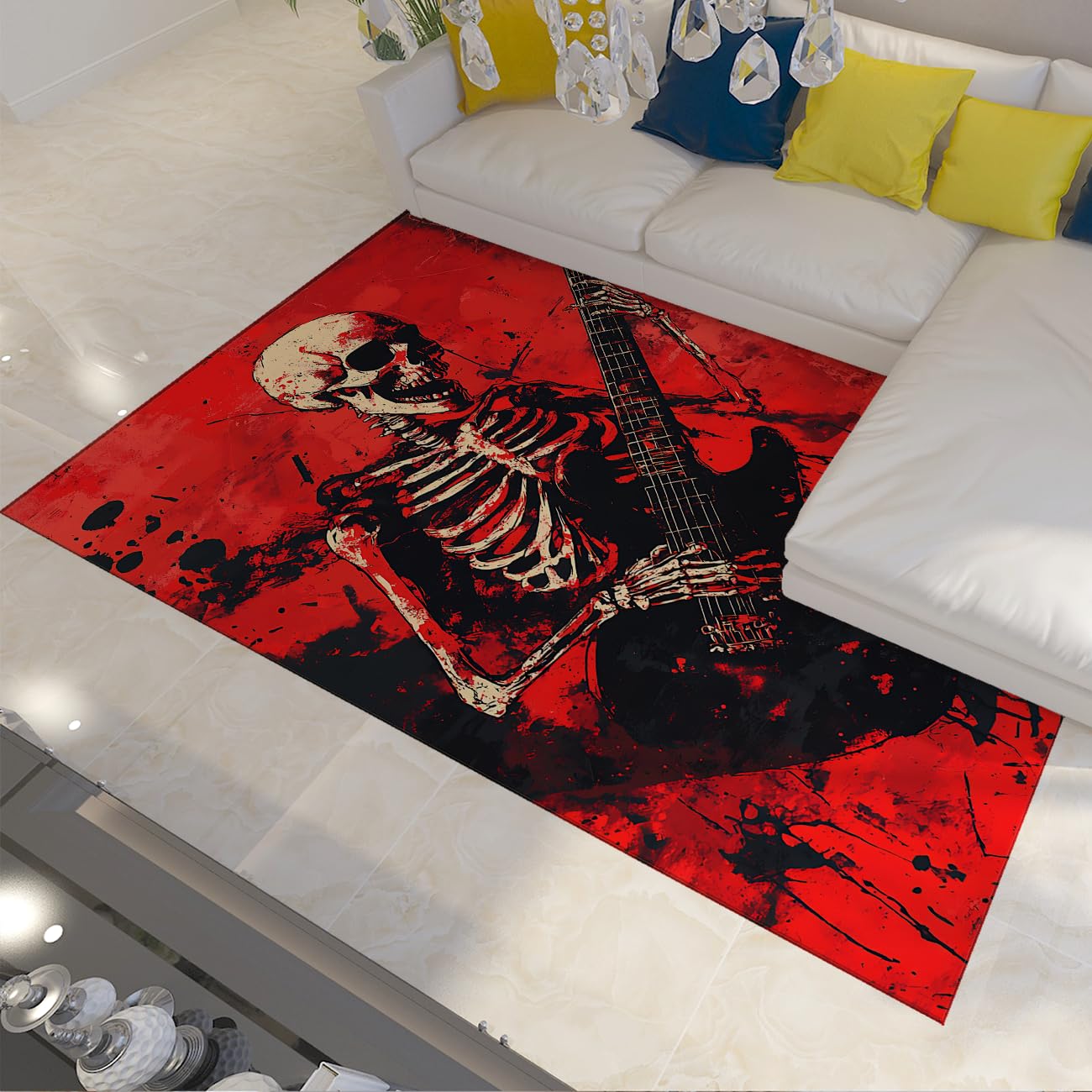 Tapis de sol lavables thème guitare de crâne pour créer une ambiance Halloween
