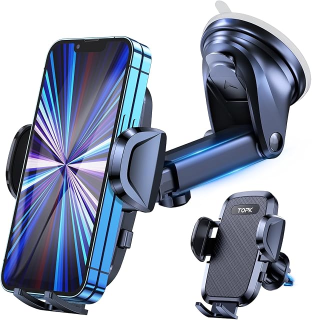 TOPK Car Phone Holder, [2023 Military-Grade Suction & Hook ] Phone Holder for Cars 4 in 1 Super Stable Car Phone Mount for Car Dashboard/Windscreen/Air Vent Compatible with All Mobile Phones