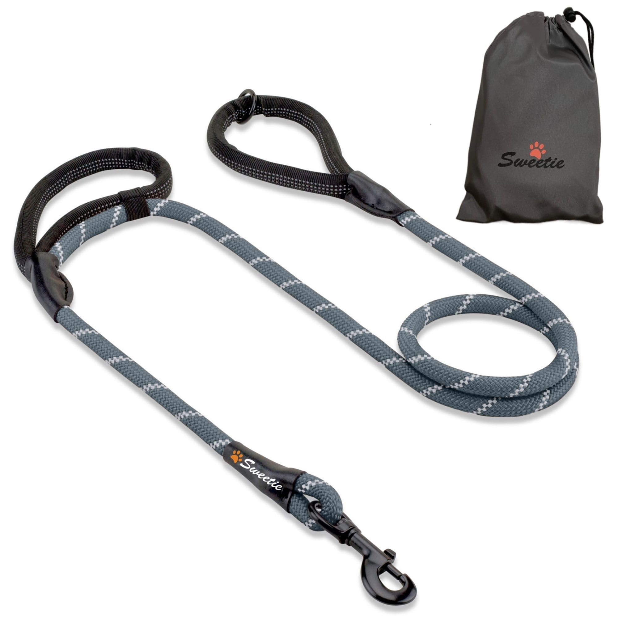 Sweetie Rope Dog Lead - Strong Leash with 2 Comfortable Padded Handles 5 FT for Medium & Large Size Pets - Reflective, Weather Resistant & O-Ring. Grey