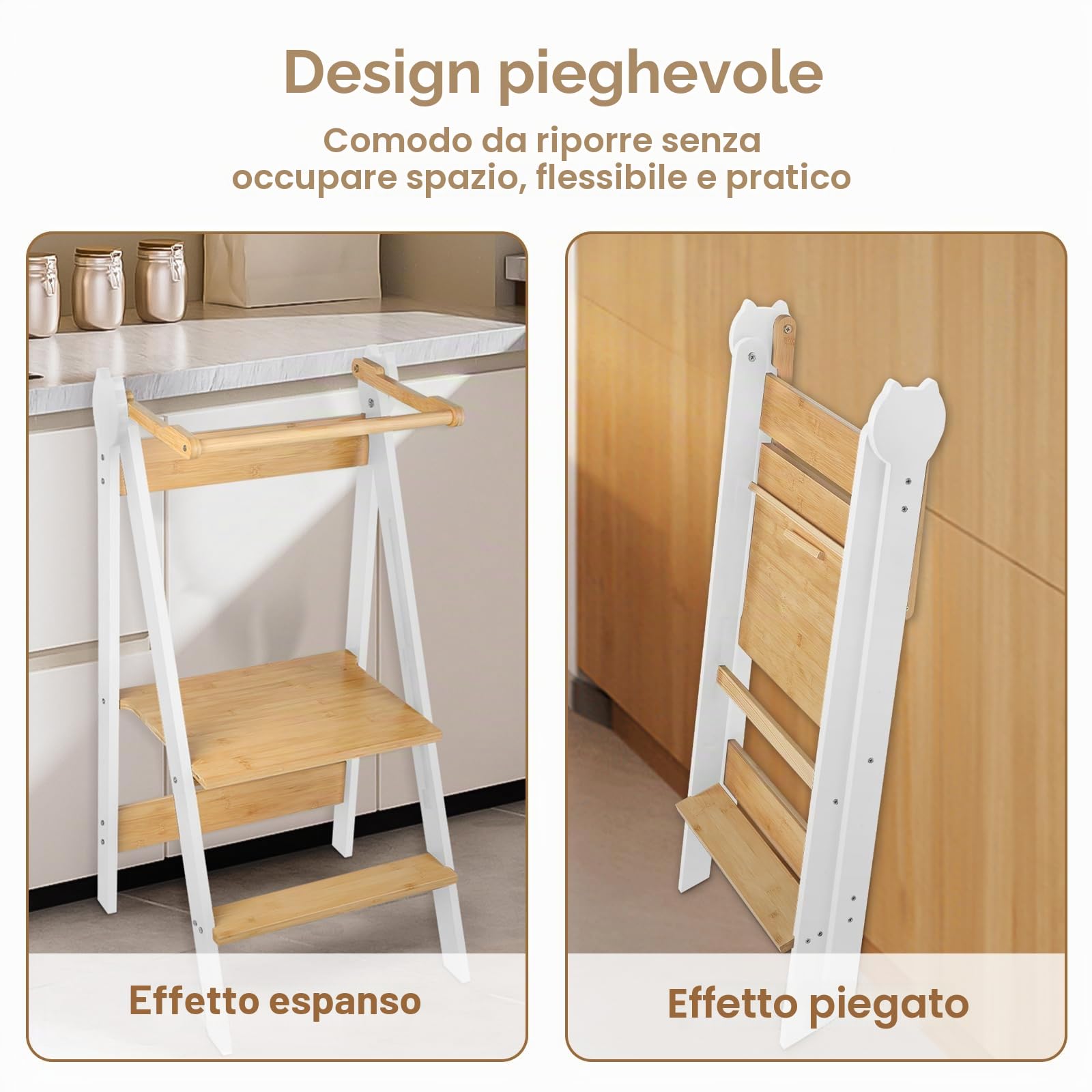 Torre Montessori di apprendimento, Pieghevole Multiuso, Torre di apprendimento a partire da 1 anno, Gradino, Scala per Bambini, 88 * 45 * 45 cm - Bianco