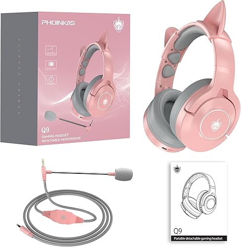 Miniatura 9 de PHOINIKAS Auriculares inalámbricos para juegos con bonitas orejas de gato con cable para PS5 PS4 PC Nintendo Switch Q9 sobre la oreja con micrófono