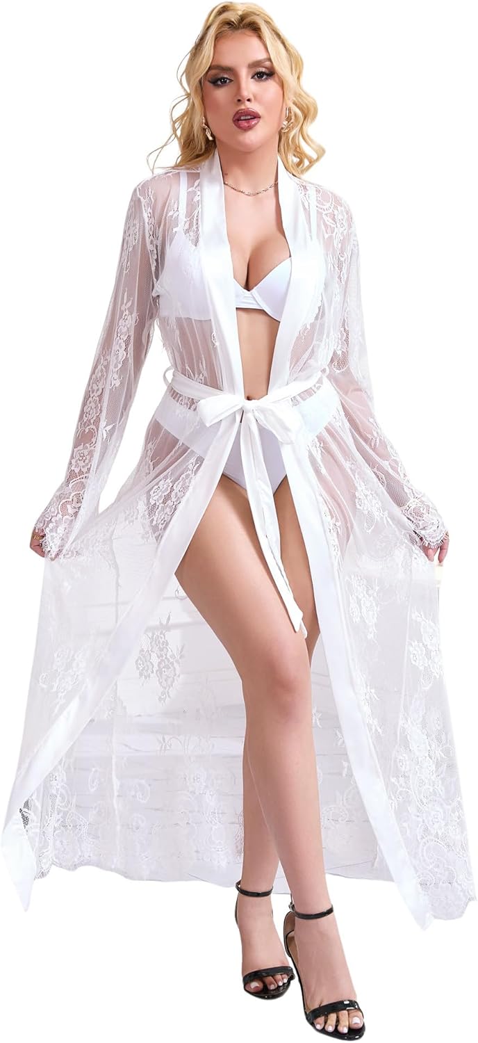 comeondear Sexy Lace Sheer Robe for Women Plus Size See Through Lace Nightgown Sheer Swimsuit Cover Up with Belt