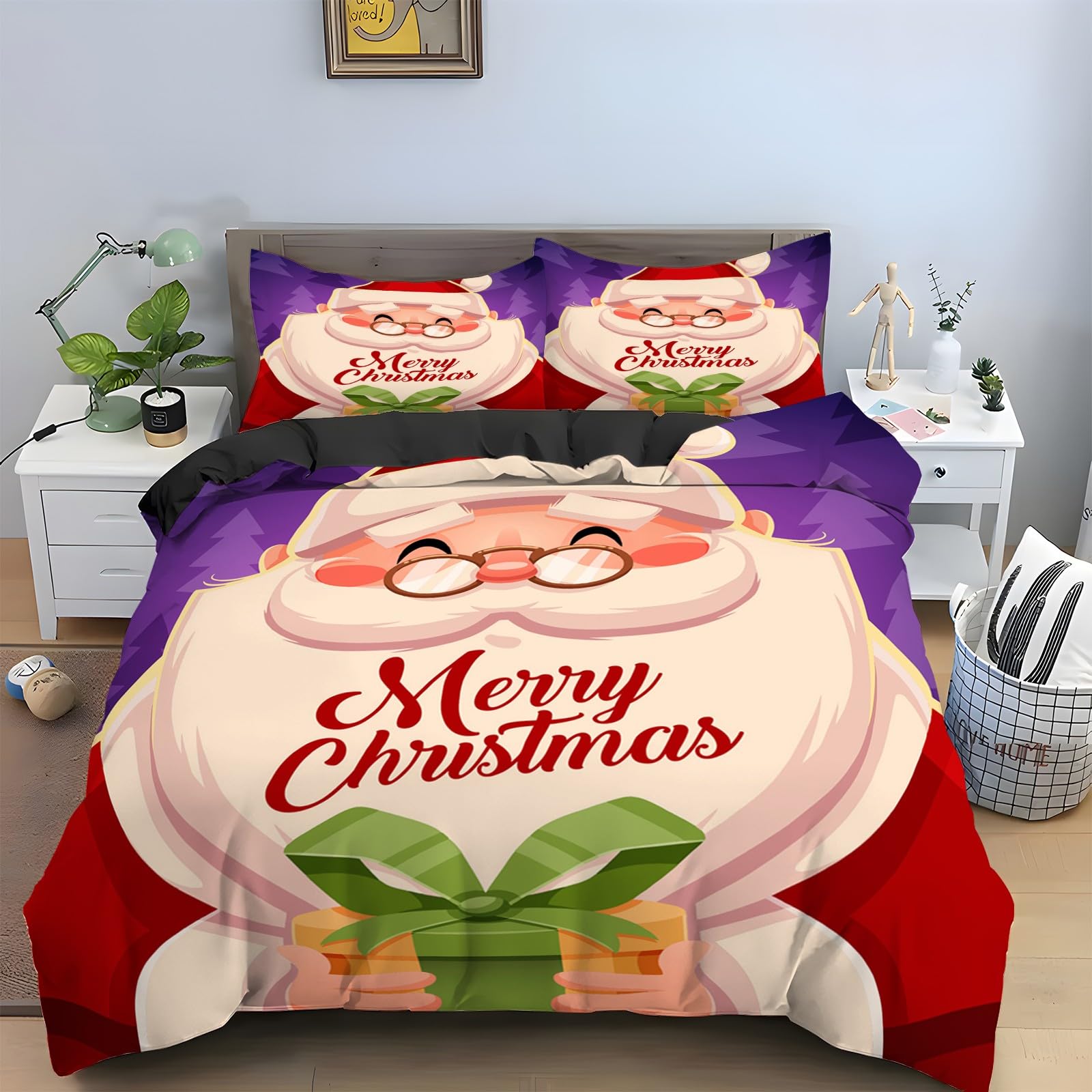 Housse de couette 160x200 Père Noël avec 2 taies d'oreiller en microfibre douce