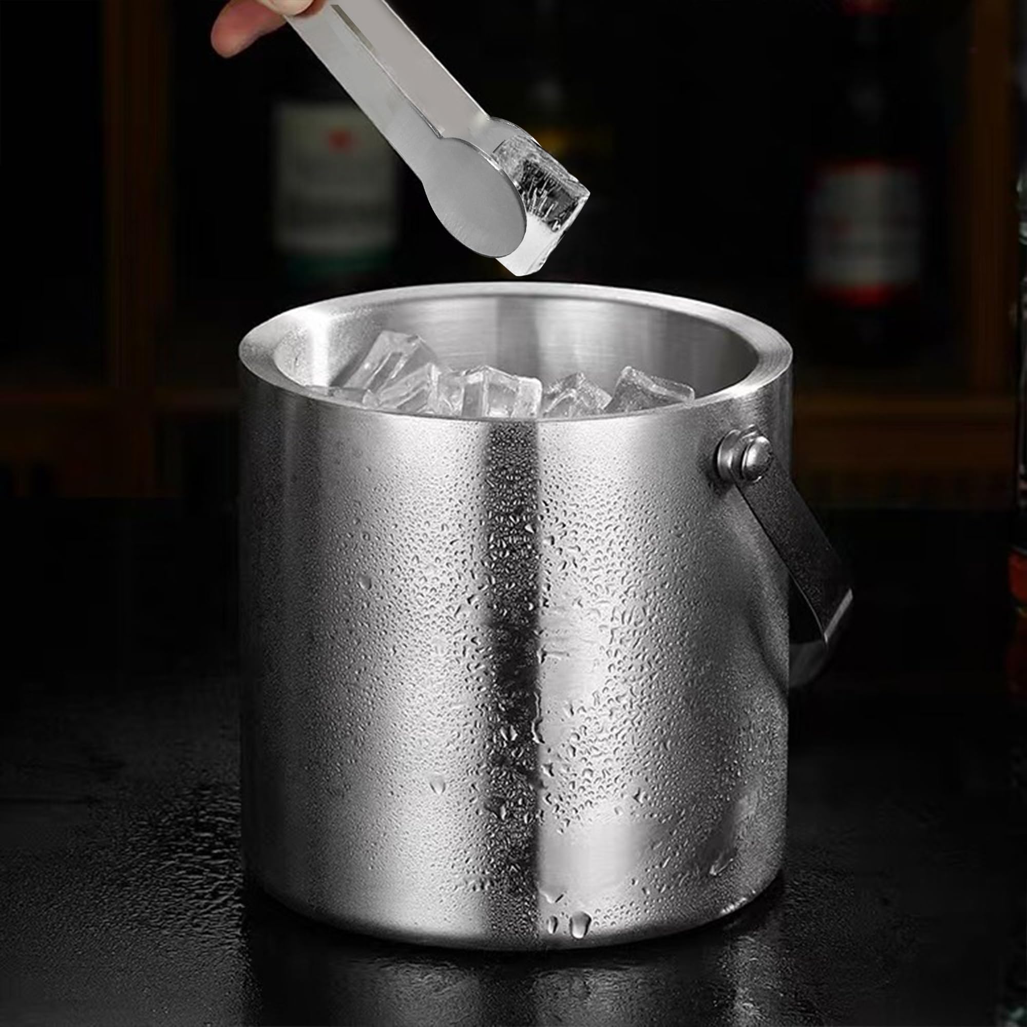 3L Seau Glacon Acier Inoxydable Avec Couvercle Isotherme Pince Glace