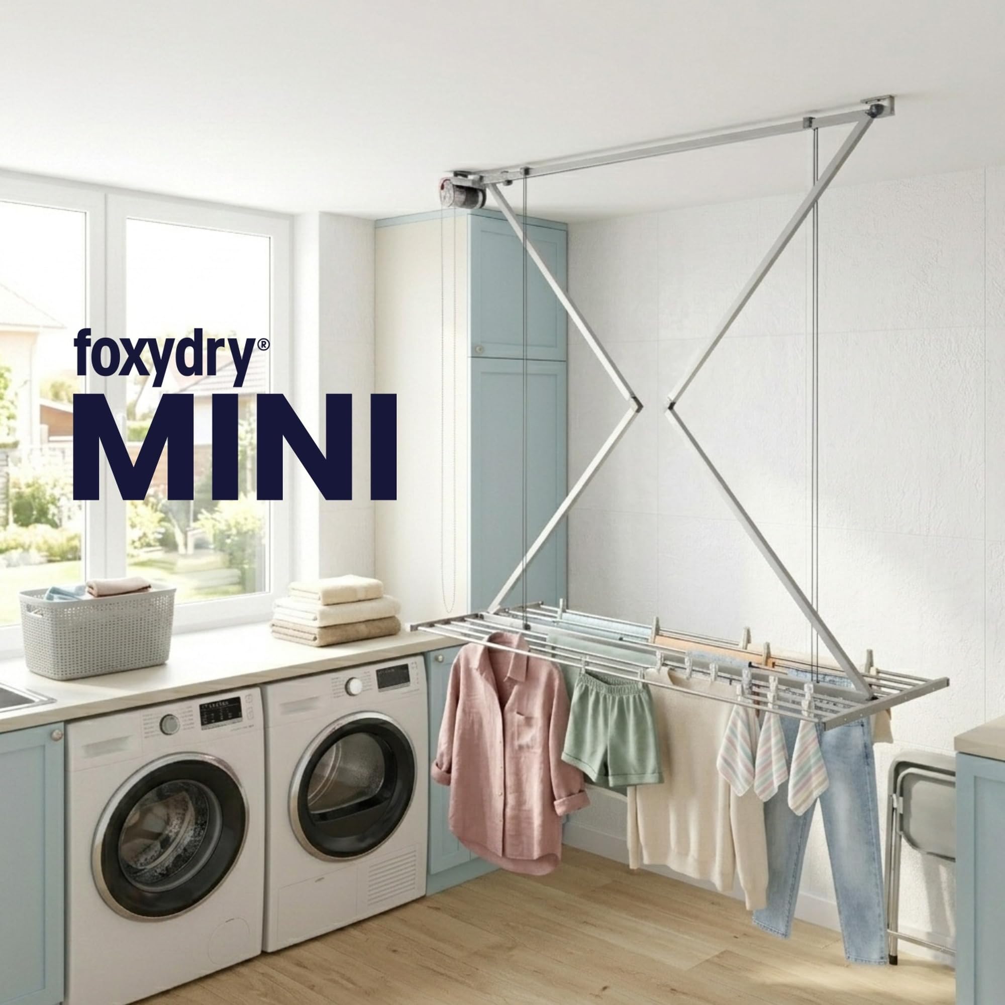 Foxydry Mini, klappbarer wäscheständer, deckenmontage, 128 cm | aus aluminium und edelstahl, platzsparend, für innen- und außenbereich, rostfrei, vertikales liftsystem, trägt 10 kg, grau