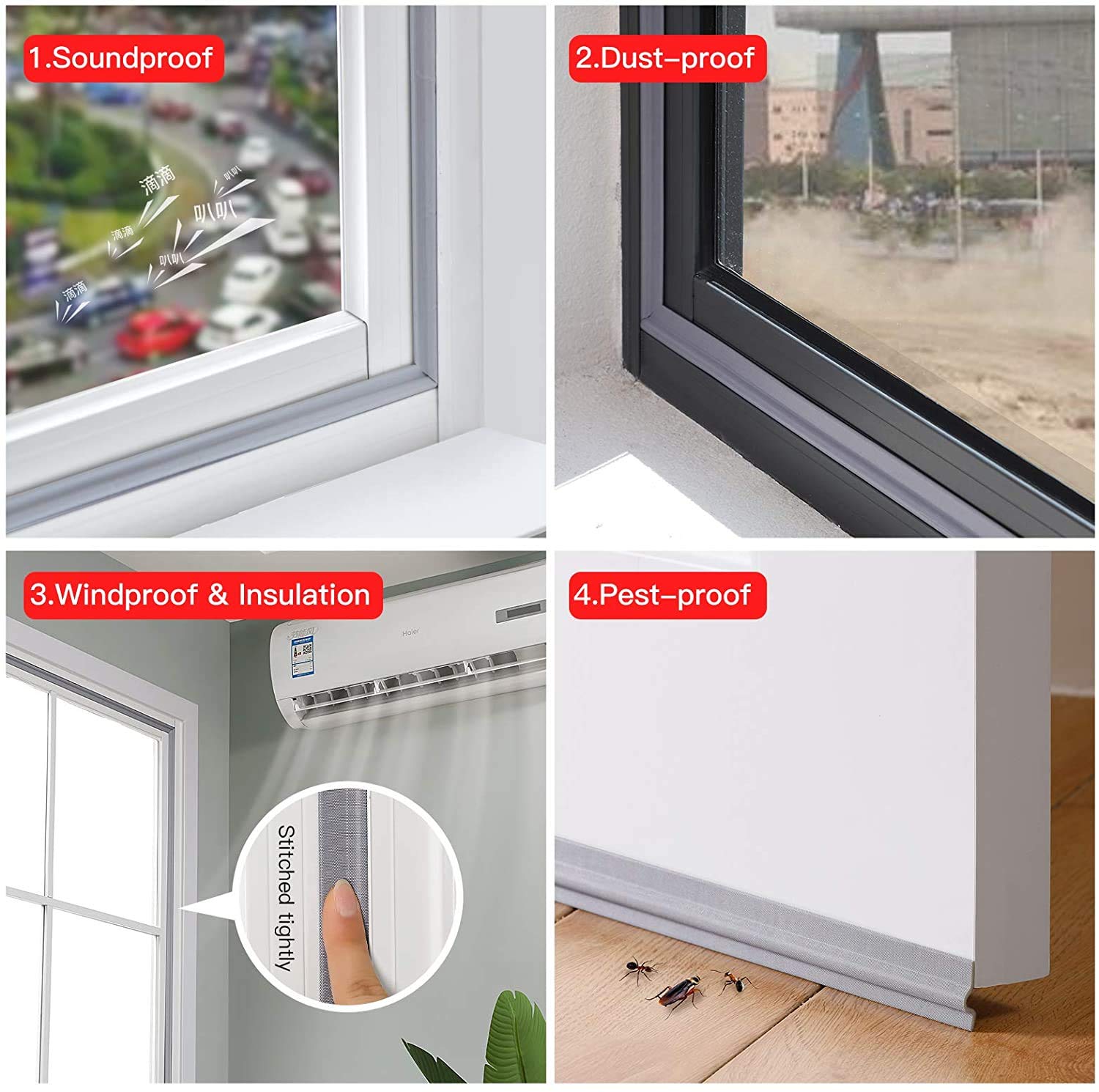 Zugluftstopper, Türdichtung, selbstklebender, schneidbarer Tür-Zugluftstopper, wetterfester Zugluftstopper aus Nylongewebe, Schaumstoff, Fenster-Zugluftstopper (Farbe: Grau, Länge: 4 m) (Farbe: Grau,