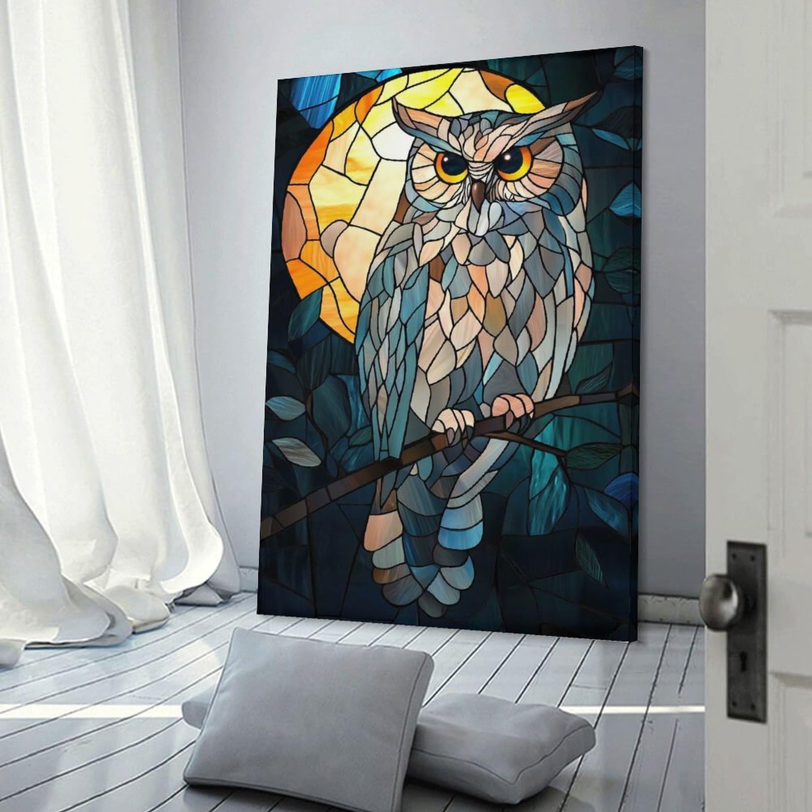 Junmoney Stained Glass Owl Decorative Canvas Print, 20x30inch(50x75cm), for Home, Office, Studio Or Guest Room, Canvas Wall Art That Fits Changing Layouts