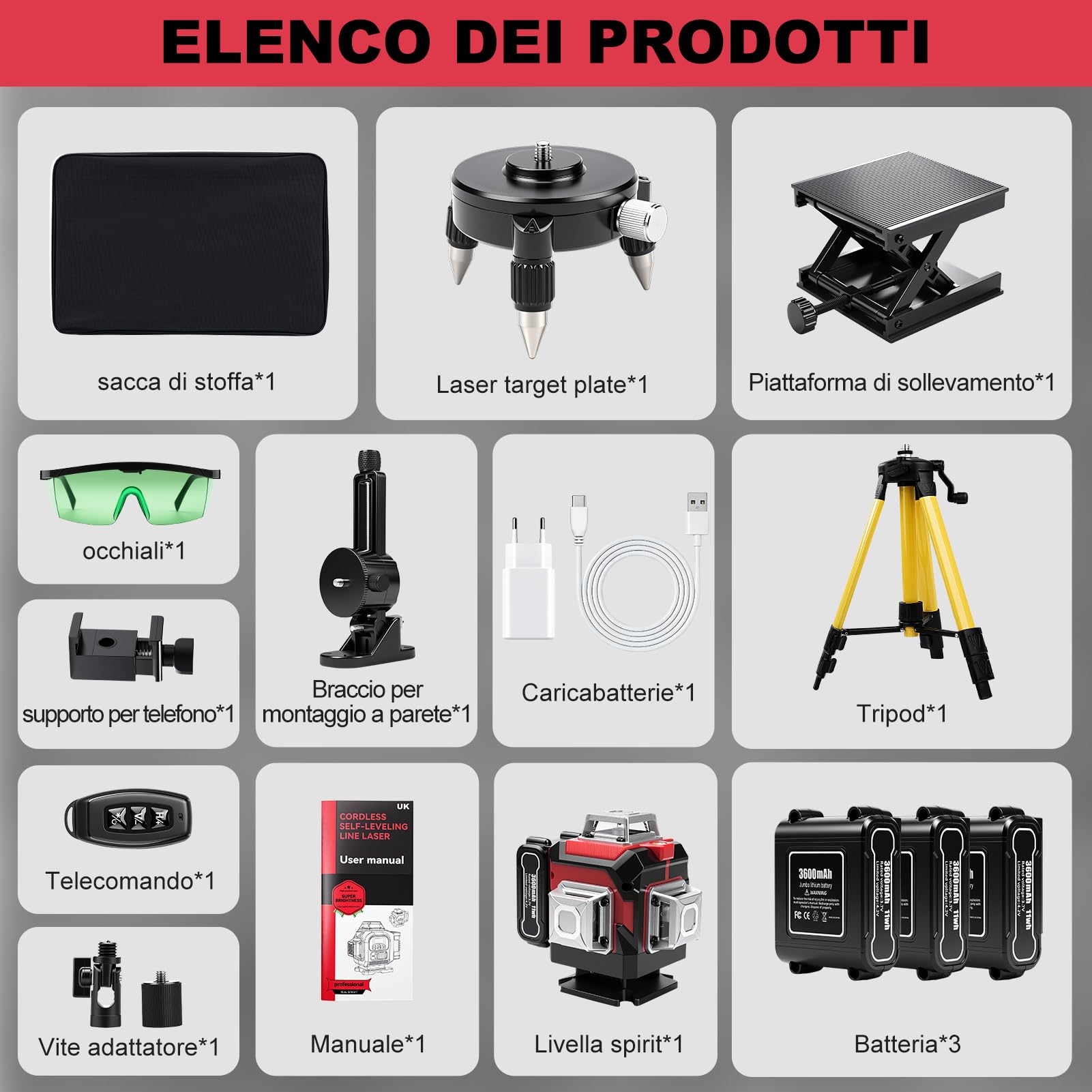 Livello Laser Cantiere Autolivellante 4 x 360 °, Lazer Livelli 4D 16 Linee, Livella Laser con Treppiede, Laser Autolivellante Verde con 3 x 3600mAh Batterie, Supporto Rotante, APP/Telecomando