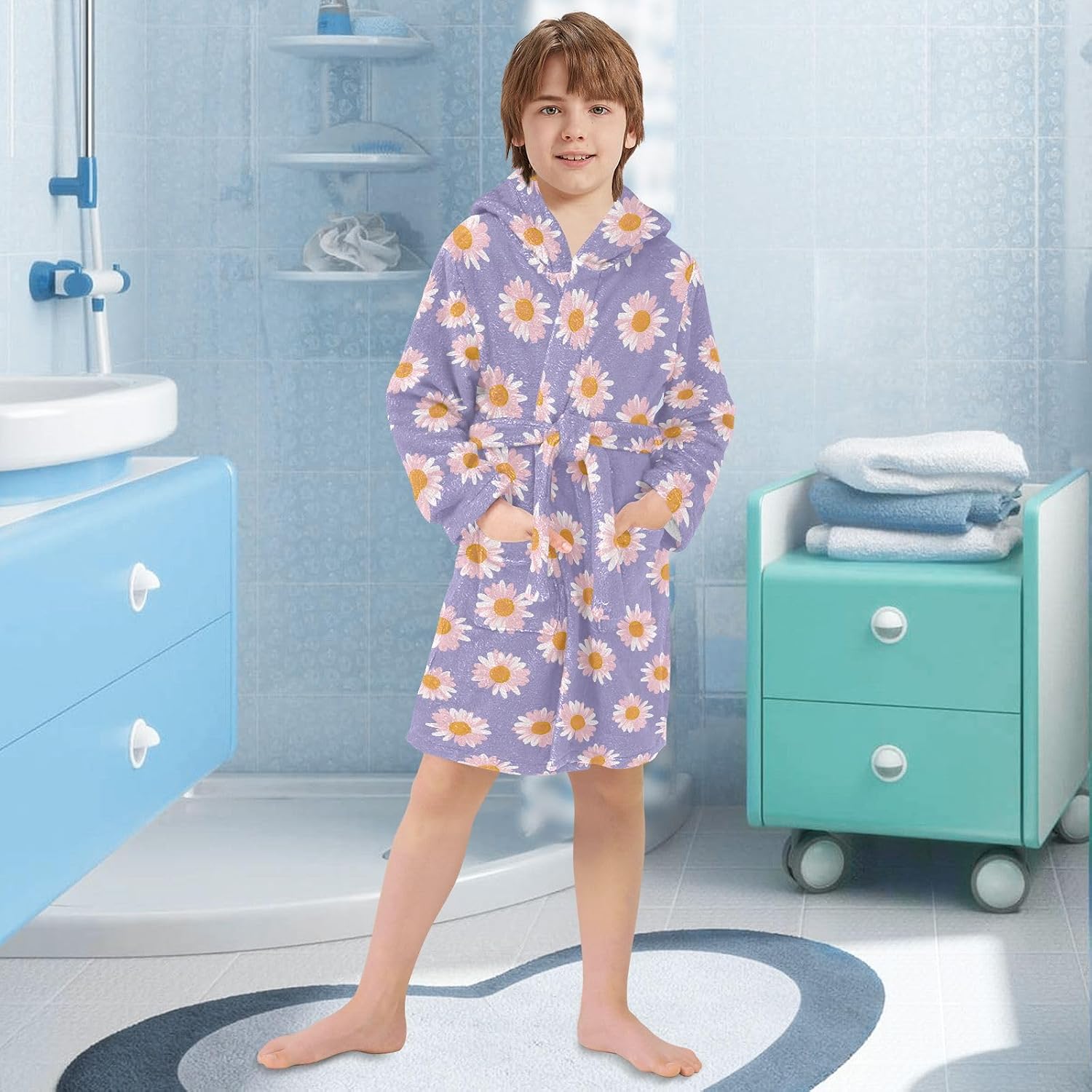 Pastel Flower Purple Pattern Toddler Hooded Bathrobe for Boys Girls Soft Plush Bath Towel Robe 2-12 Years
