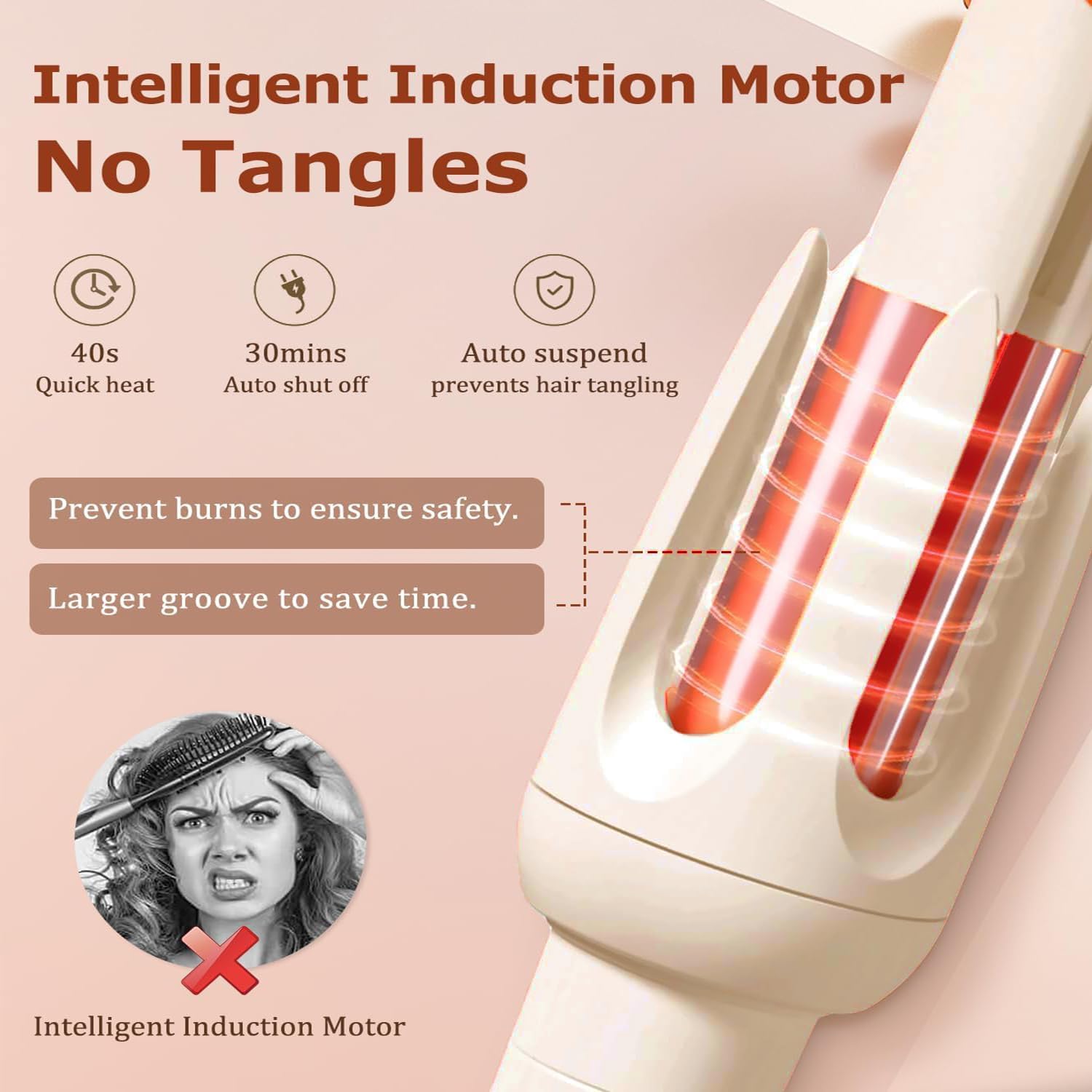 Rotating Curling Iron, Automatic Curling Iron with 4 Temperature & 3 Timer, Hair Waver with Anti-Tangle, Anti-Scald and Auto-Off, Double Voltage Automatic Curl for Hair Styling