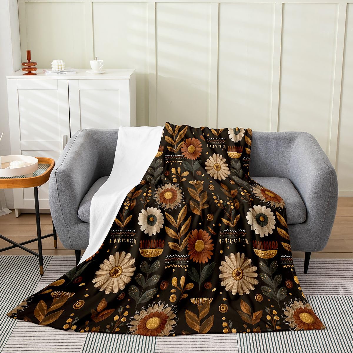 jejeloiu Floral Flannel Blanket Plush Fuzzy Abstract Bohemian Floral Fleece Throw Blanket Botanical Plush Lightweight Sofa Throw Mid Century Modern Boho 40"x50" Brown Balck for Bed Couch Chair