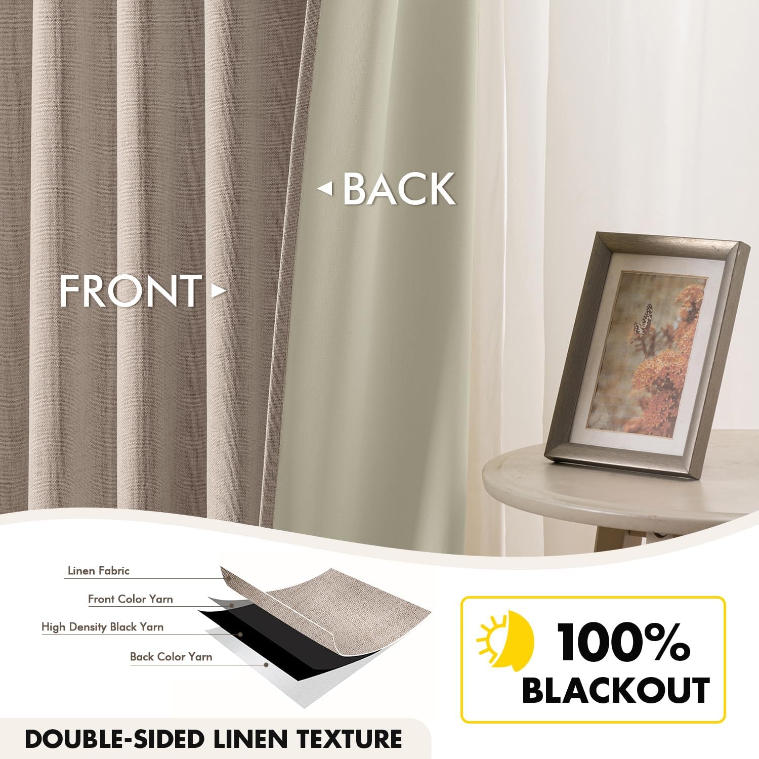 EMEMA Beige Linen Blackout Curtains 96 inch Length 2 Panels for Bedroom Living Room Thermal Insulated 100% Black Out Linen Drapes Room Darkening Curtains Luxury Decor for Window, 42 x 96 Inch