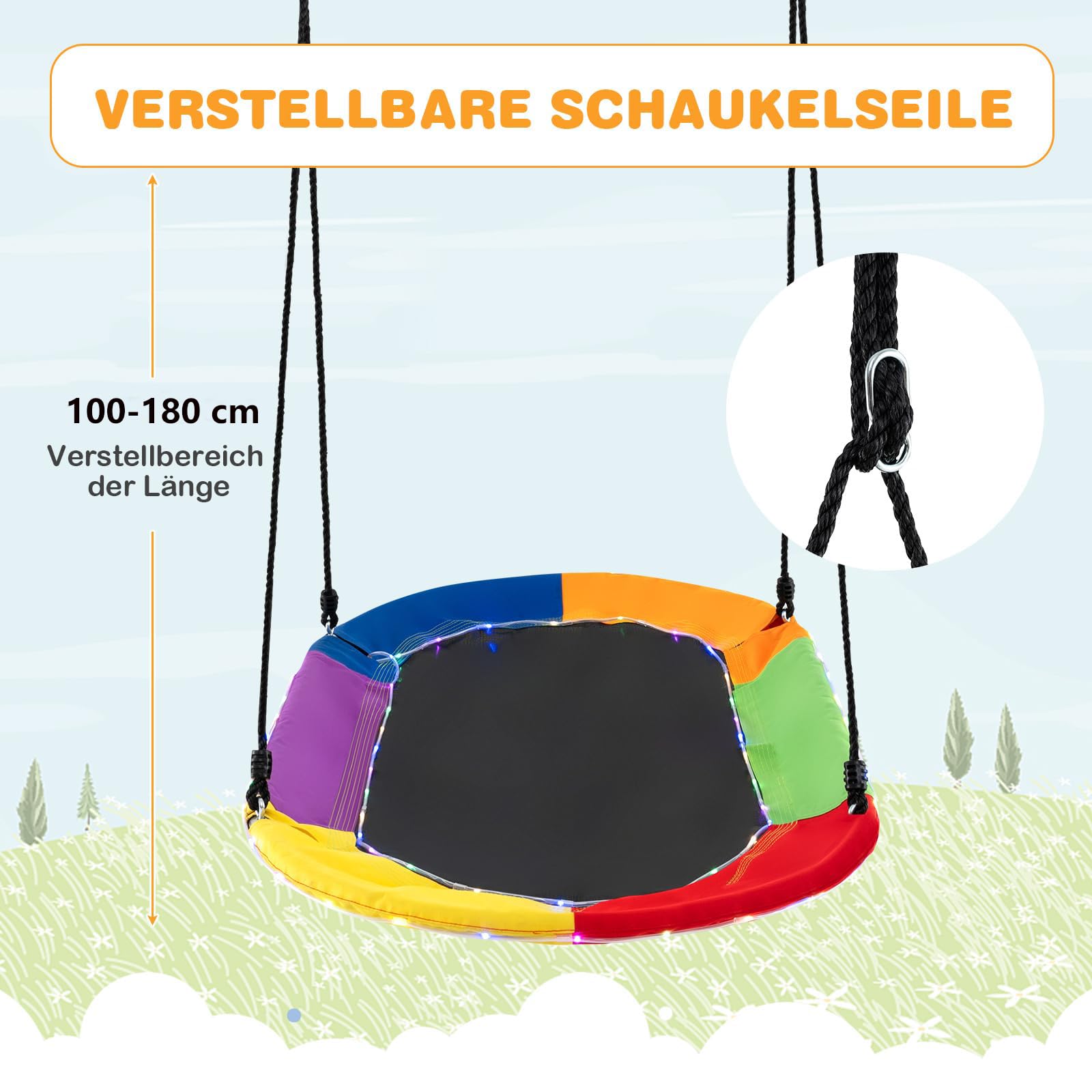 GOPLUS Nestschaukel Outdoor, 150 x 81 cm Kinderschaukel mit LED-Lichtern bis 150 kg Belastbar, Hängeschaukel 100-180 cm höhenverstellbar, Baumschaukel Rundschaukel für Kinder ab 3