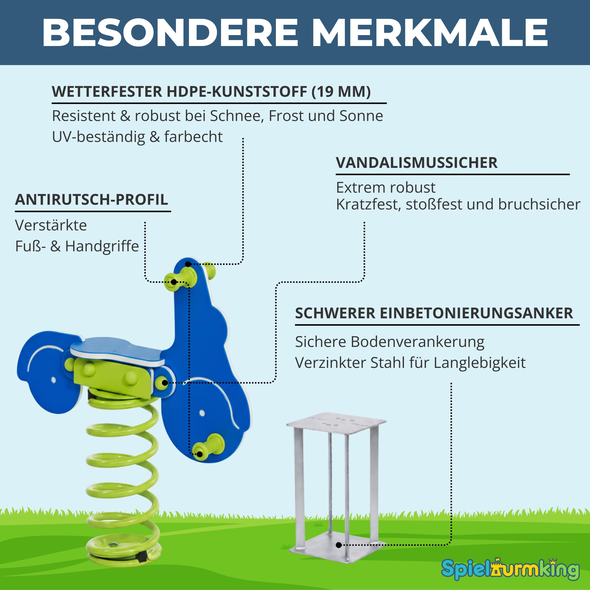 Federwippe Roller Schaukelwippe DIN EN 1176 geprüftes | Wipptier für öffentliche Spielplätze, Kindergarten und Kommunen aus HDPE Kunststoff Federtier inkl Bodenanker