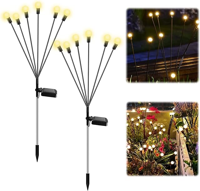 Vintoney Solar Lights Outdoor Solar Swaying Light Firework Lights Waterproof 2Pcs,Pathway Light for Pathway Landscape Garden Yard Decorations (Warm White)