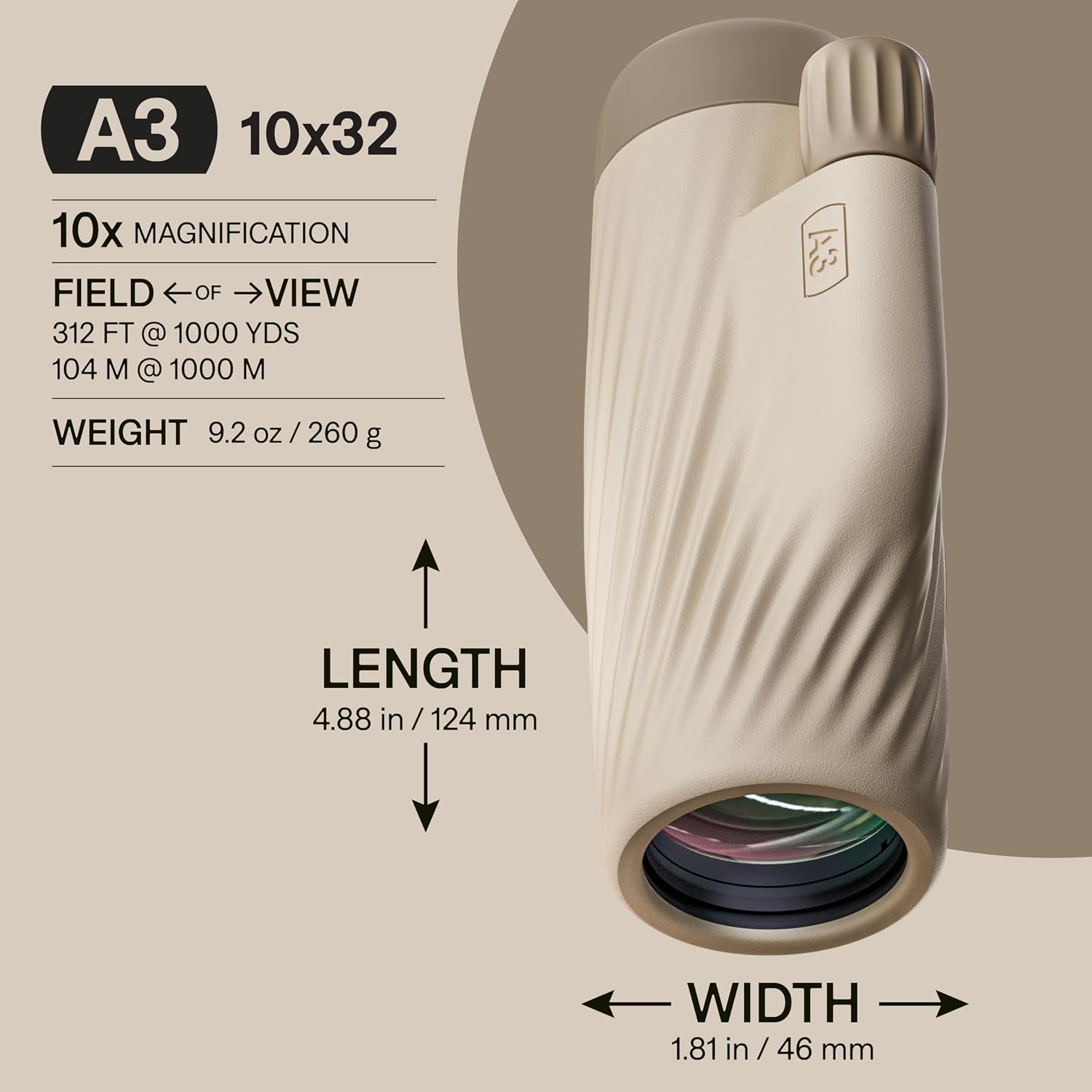 Bushnell A3 10x32 Compact Monocular, Waterproof, Fogproof, 10X Magnification, Fully Multi-Coated Lenses & Rubber Armor - Oyster Clay