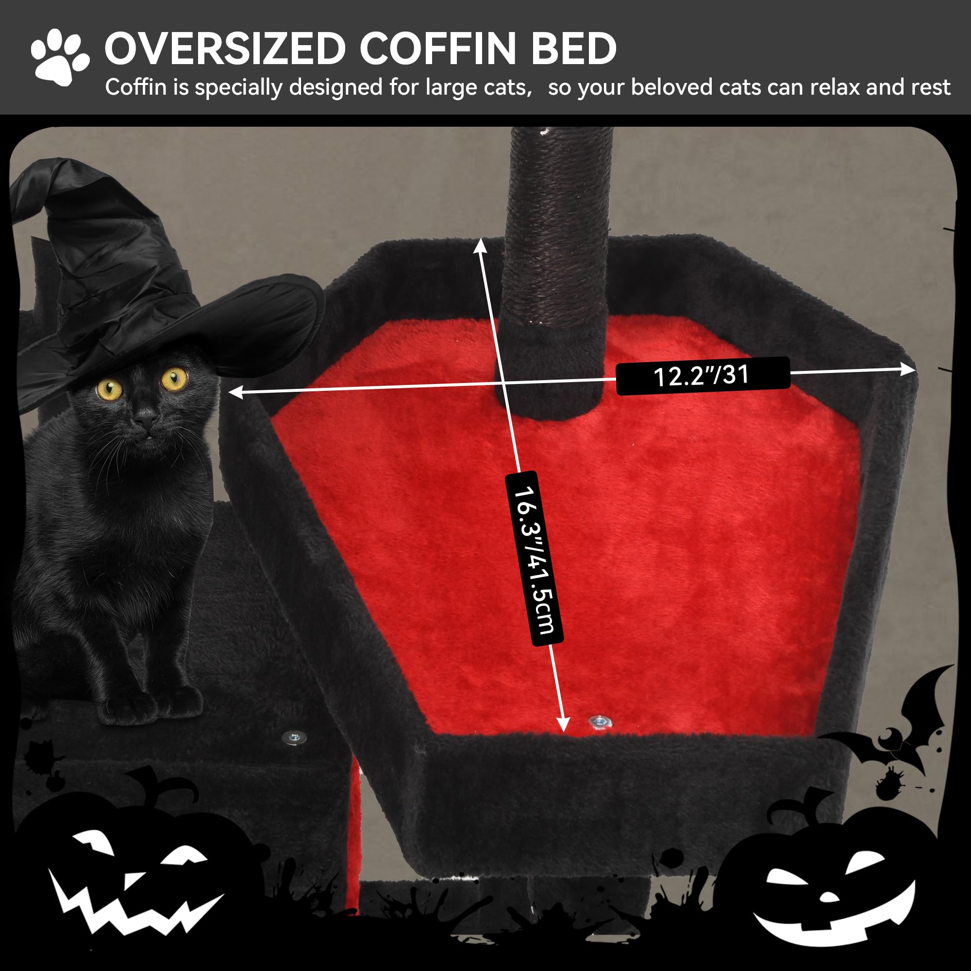 YITAHOME 38.5in Gothic Cat Tree: Indoor Kitten Tower with Coffin Bed Featuring Spacious Condo, Spider Hanging Ball, Scratching Post, Black Halloween