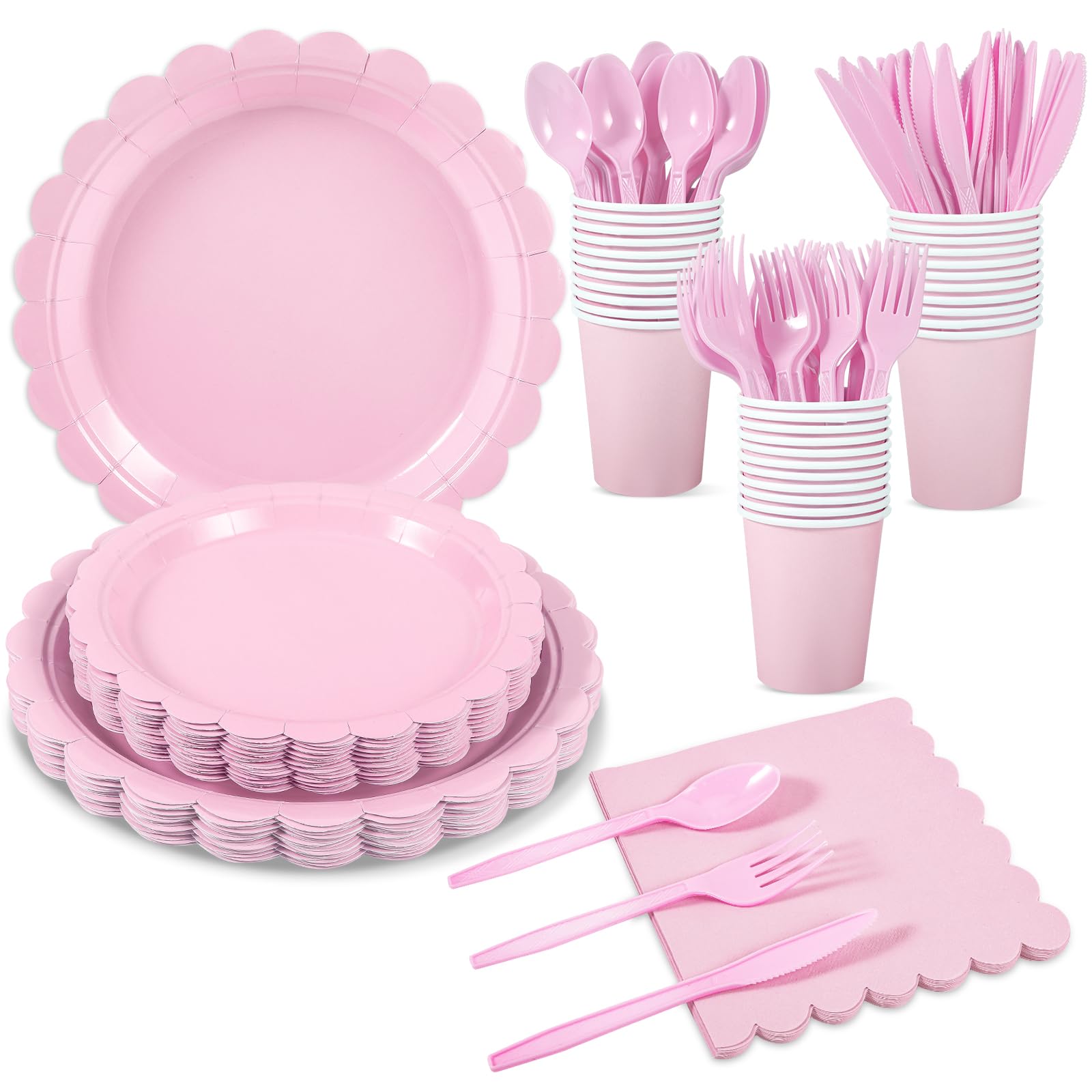 175 Pcs Pink Paper Plates and Napkins, Light Pink Party Supplies Include Scalloped Plate Napkins Cups Plastic Spoons Forks Knives for Baby Shower, Wedding, Birthday