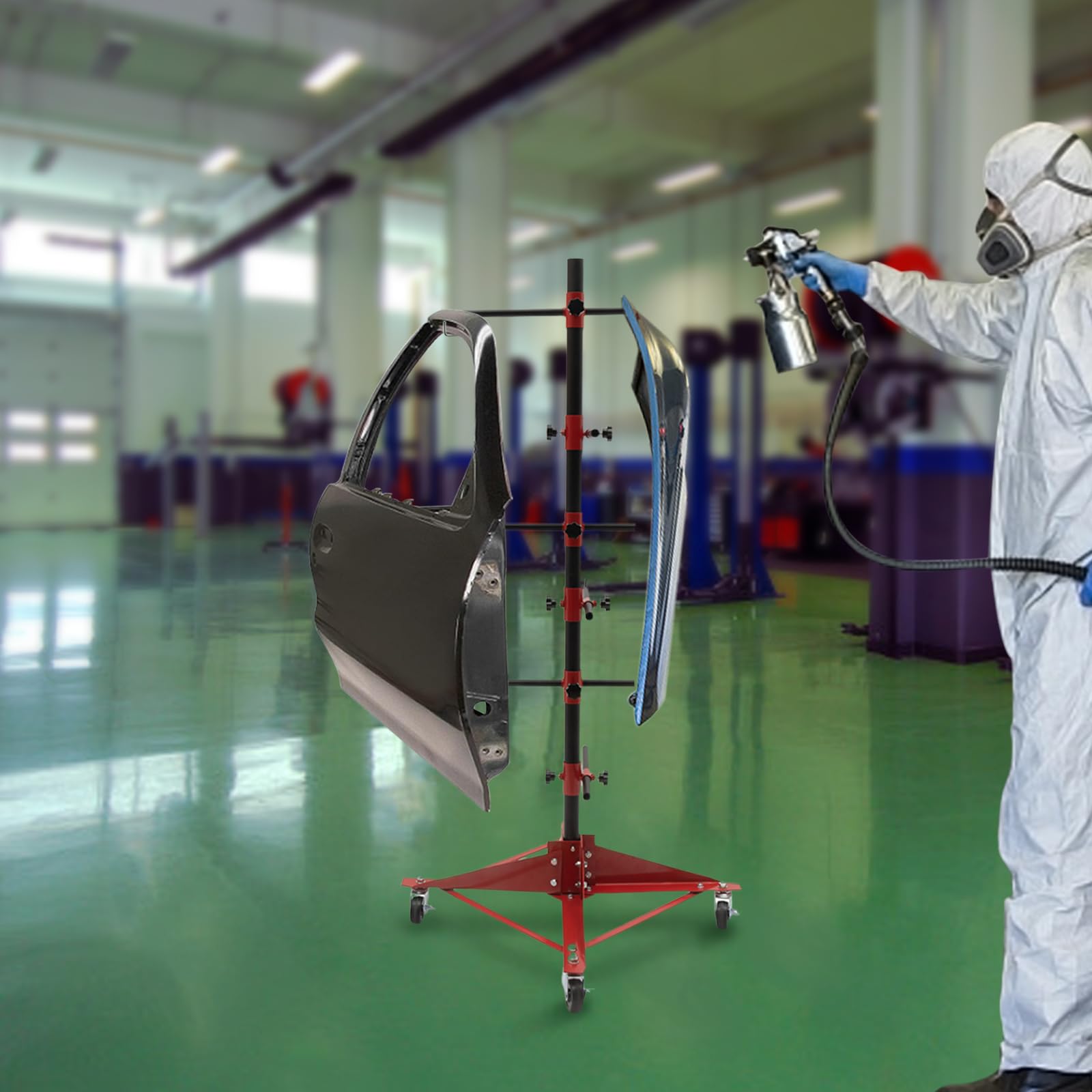 MhdunueSK Auto Panel Tree Paint Stand, Adjustable Center Post Hang Doors Fenders Bumpers W/6 Hooks 4 Wheels, Panel Holder for Garage Rotatable Length& Angle Adjustable (18.5 * 18.5 * 47.24 in)