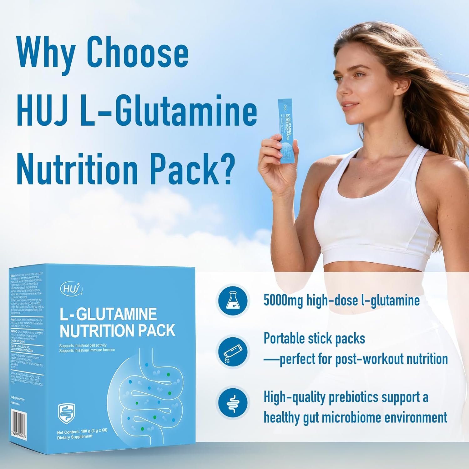 HUJ L-Glutamine Nutrition Pack - Contains Polydextrose and Oat Dietary Fiber - 5000mg High-Potency Amino Acid for Gut Health，Immune Support & Muscle Recovery Support - 60 Bags