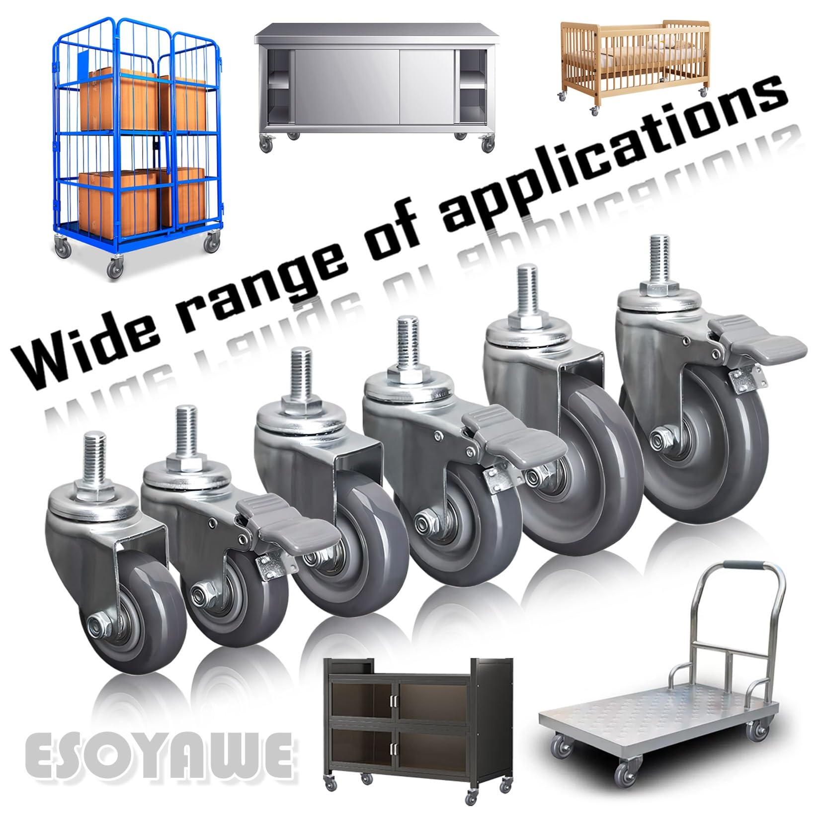 Roulette Pivotante À Tige Filetée M12 Lot De 4, 63 75 100mm Roues Silencieuses En Polyuréthane, Roulettes De Transport Industriel Avec Frein, Pour Chariot À Main, Tables De Travail, Meuble(Brake,100mm
