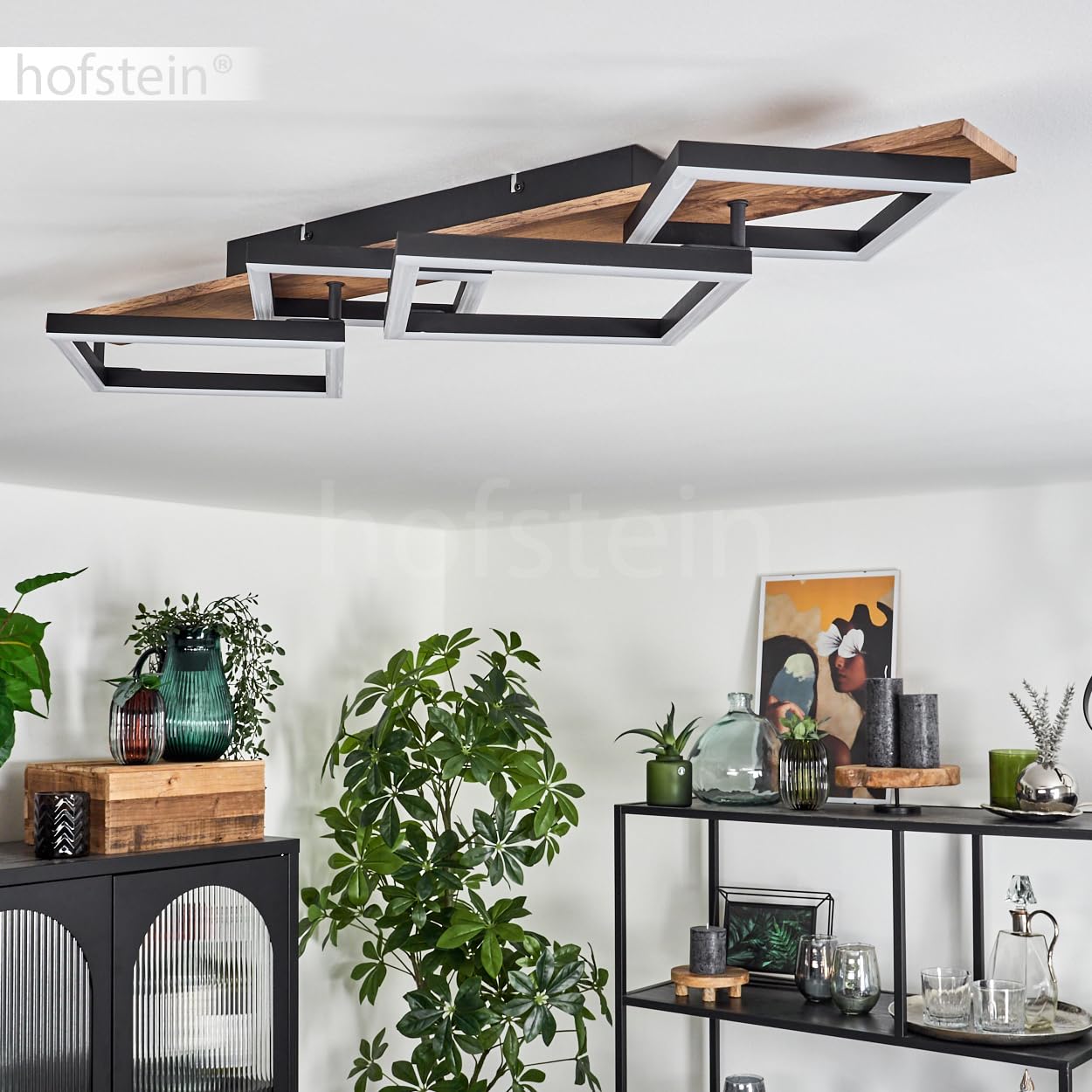 Lampa sufitowa LED Cascada, nowoczesna lampa sufitowa z metalu/MDF/tworzywa sztucznego w kolorze czarnym/drewno/białym, 4-żarówkowa, 30 W, 3350 lumenów, 3000 K