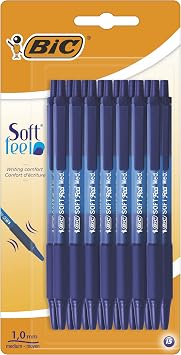BIC Soft Feel Click Grip Ballpoint Pens, 1.0 mm Retractable Point, Soft-Touch Rubber Grip, Blue, pack of 15