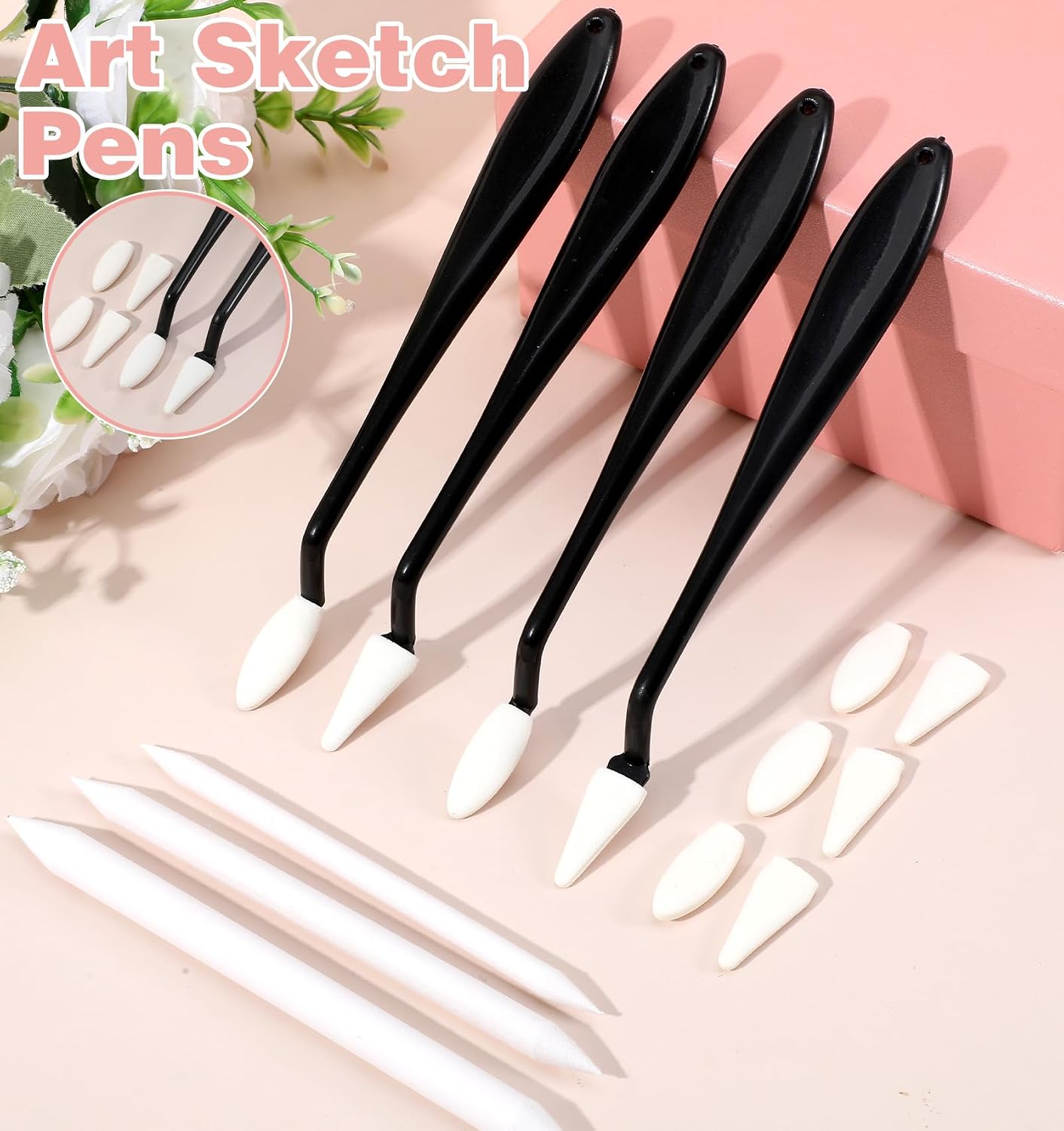 27 Pcs Blending Stumps, Blending Sticks for Drawing & Paper Erasing Pen for Drawing with 2 Sizes 40 Replacement Sponge Wipes (Highlighting, Shadowing, Correcting)