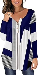 CHICZONE Womens Tunic Tops Plain Pleated V Neck Buttons Up Blouse Floral Printed Ladies Henley T-Shirt