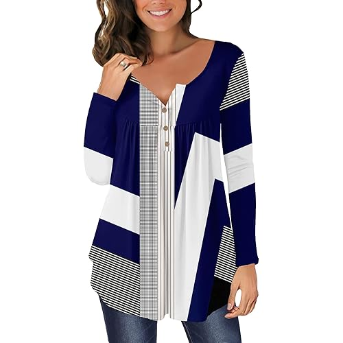 Womens Floral Blouse Pleated Front Buttons Closure Henley Long Sleeve Shirt