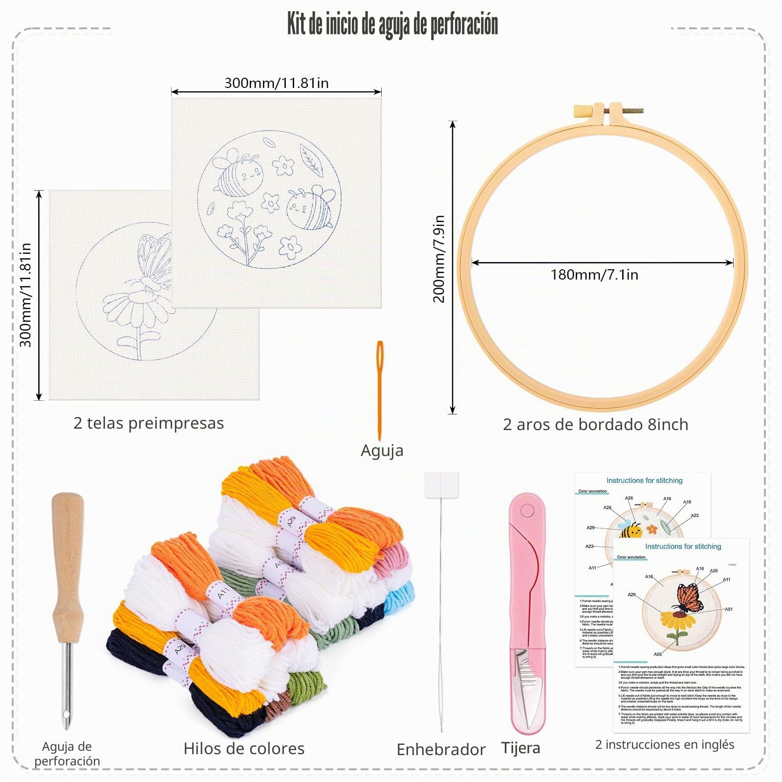 JSRQT 2 Juegos Kit de Bordado con Aguja Perforadora para Principiantes, Sencillo Punch Needle Kit con Patrón Mariposa Abeja para Adulto Niño, Bordado Hecho a Mano Manualidades DIY Decoración del Hogar