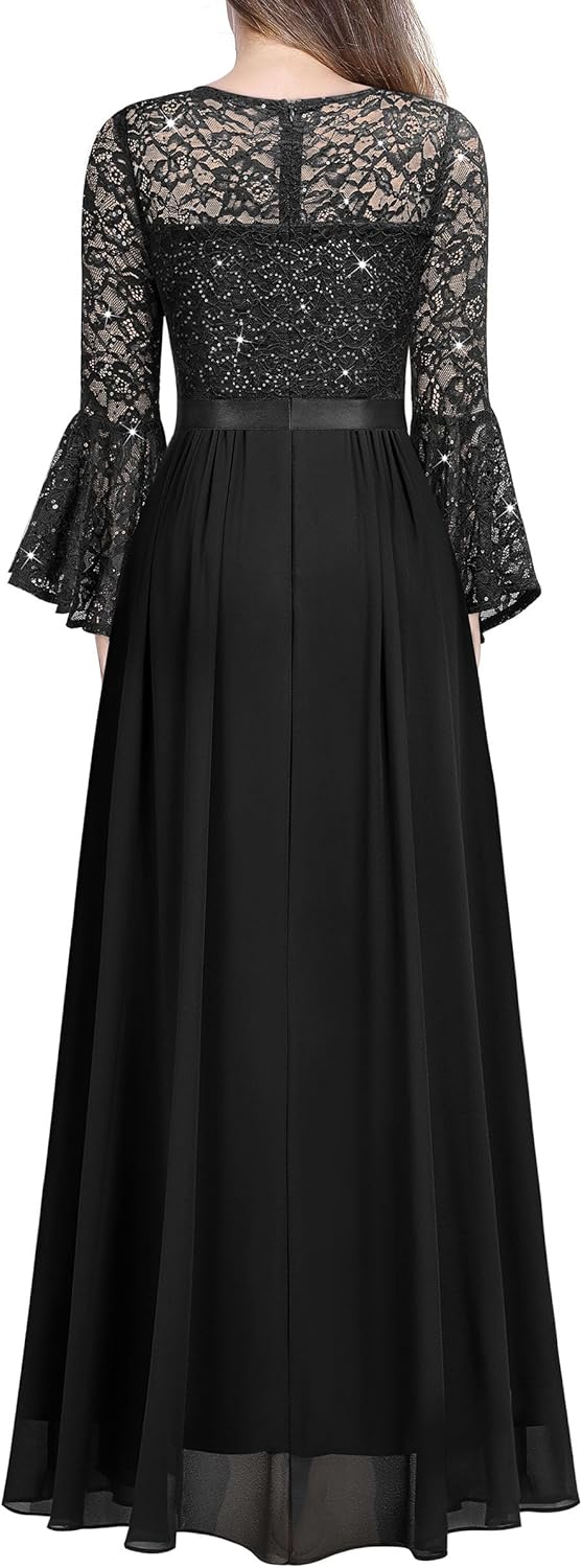 Miusol Women's Formal Sparkle Sequin Lace Bell Sleeve Evening Party Maxi Dress