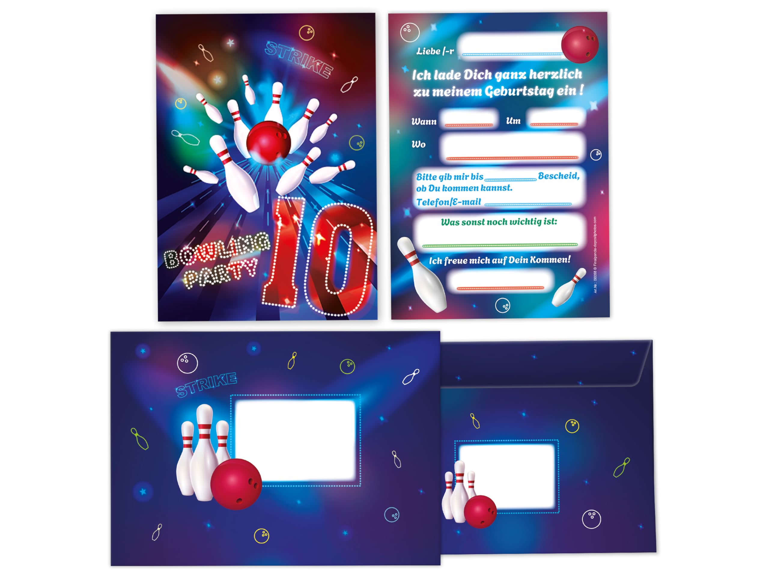 12 Einladungskarten zum 10 Kindergeburtstag Bowling Party Geburtstag Kinder Jungs Mitgebsel inkl. 12 Umschläge, 12 Tüten, 12 Aufkleber, 12 Lesezeichen, 12 Blöcke, 12 Stadt-Land-Fluss, 12 Tic Tac Toe