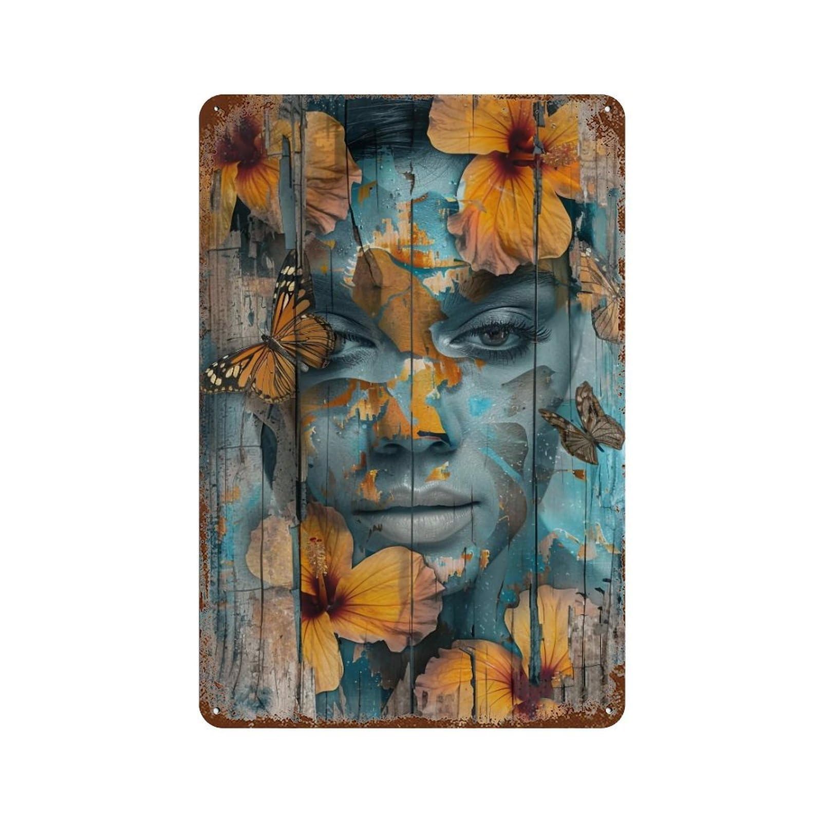 YHGERTKU Floral Wood Face 04 Wall Art Retro Iron Vintage Metal Tin Sign Poster Modern Decor for Living Rooms Gift 30x20cm