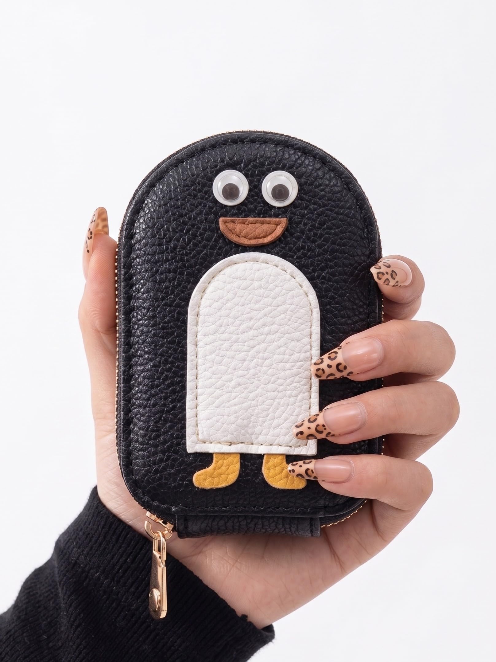 Penguin Zip Around Wallet for Women | 11 Card Slots Coin Purse | PU Leather Kawaii Quirky Accordion Card Holder | Cute Animal Purse for Girls | Black-image-23