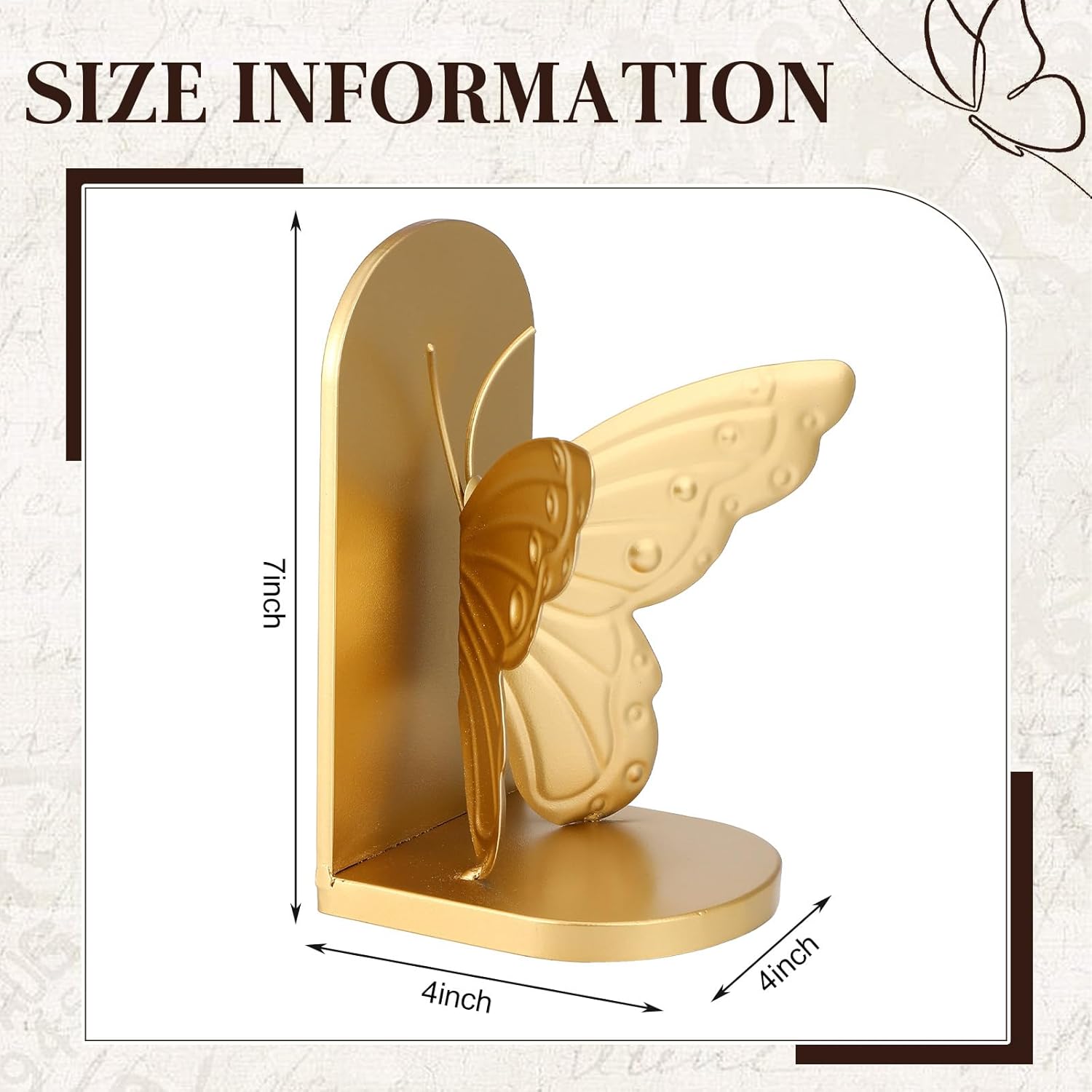2 Pcs Vintage Butterfly Bookends Metal Butterflies on Stands with Gold Finish, 7" Tall Heavy Duty Decorative Book Ends, Book Stopper Holder Decor for Desk Home Office Shelf Decorations