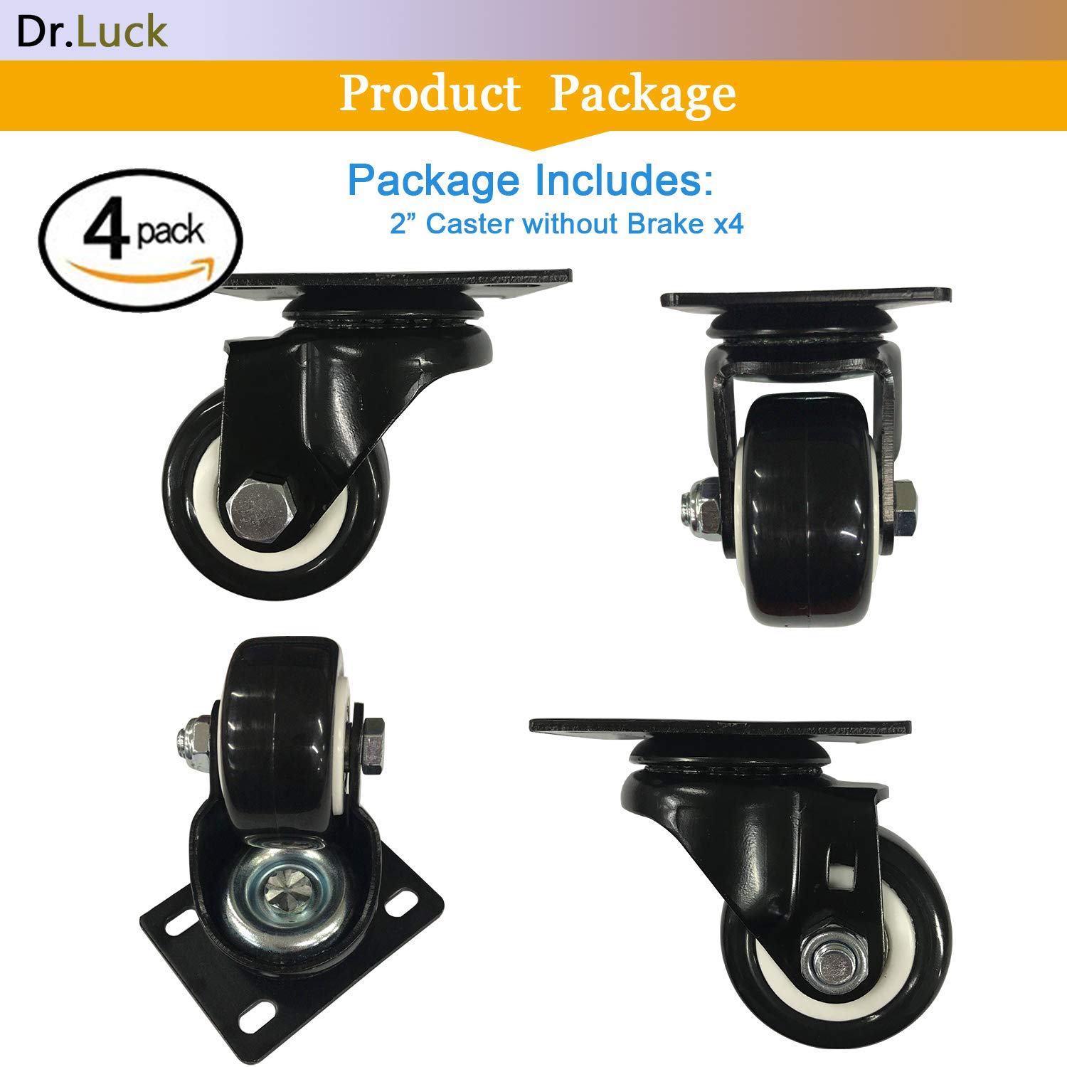 Dr.Luck 2" Black Polyurethane PU Heavy Duty Swivel Caster Wheel Without Brake, 360 Degree Top Plate Load Capacity 600 Lbs for 4 Wheels, Set of 4