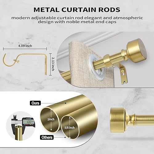 Miniatura 4 de Barras de cortina doradas para ventanas de 28 a 48 pulgadas (2.3-4 pies), barras de cortina de metal noble, barra de cortina resistente de 1 pulgada