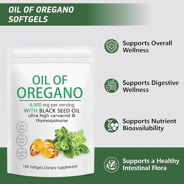 Oil of Oregano Softgels 6000mg with Black Seed Oil, Plant Based, Non-GMO, Immune Support, 180 Count - 2