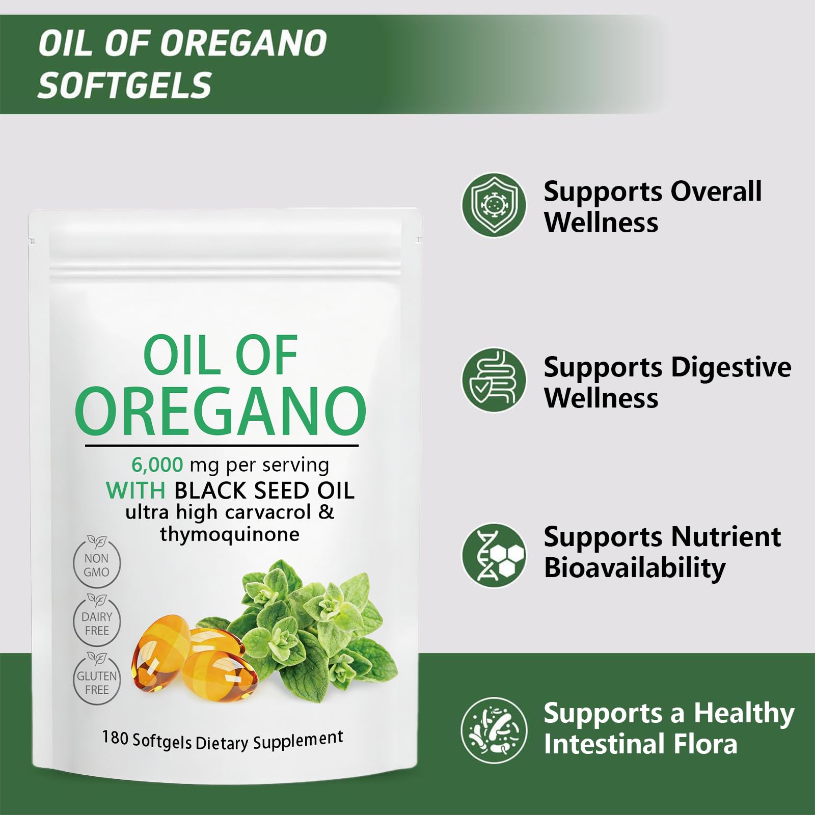 Oil of Oregano Softgels 6000mg with Black Seed Oil, Plant Based, Non-GMO, Immune Support, 180 Count - 3