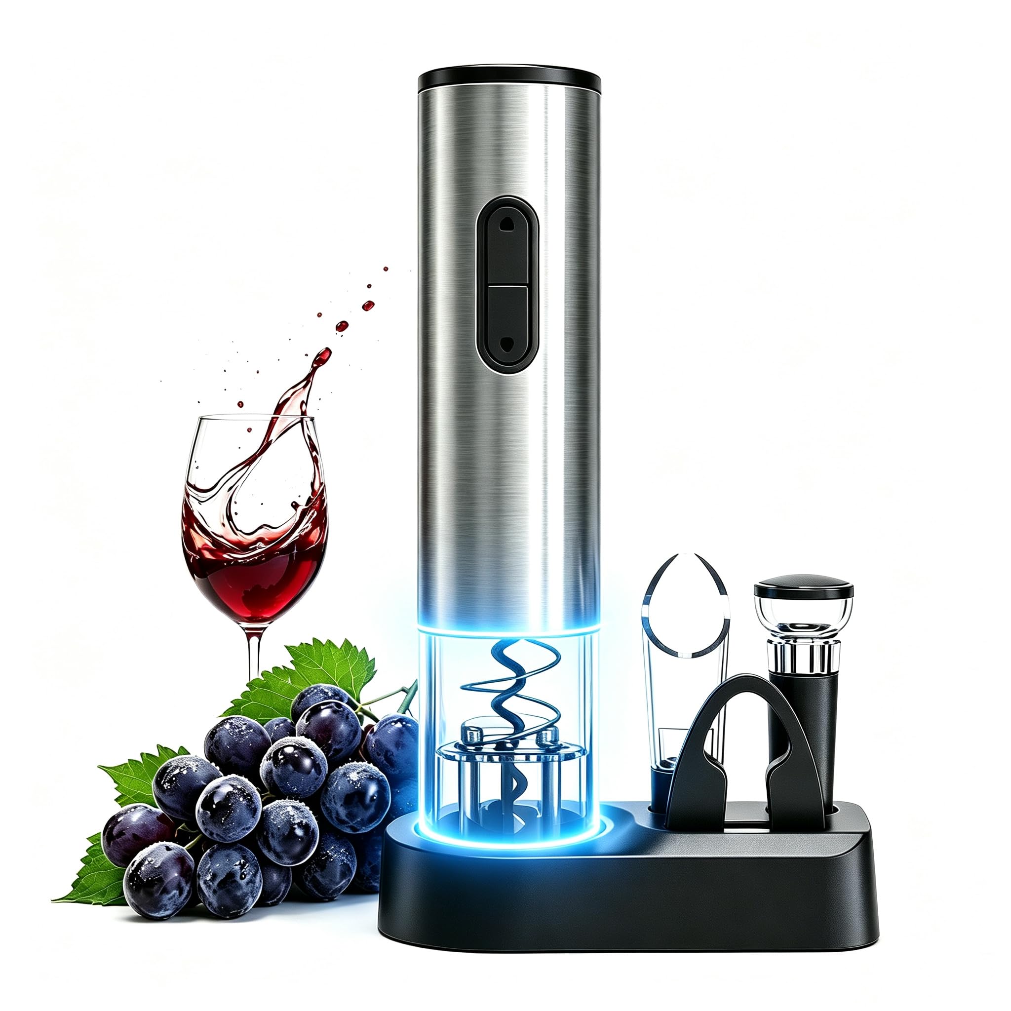 PEIPU Electric Wine Opener Set, Battery Operated 5-in-1 Wine Gifts for Wine Lovers with Storage Base, Foil Cutter, Wine Aerator Pourer &amp; Vacuum Stoppers, Silver